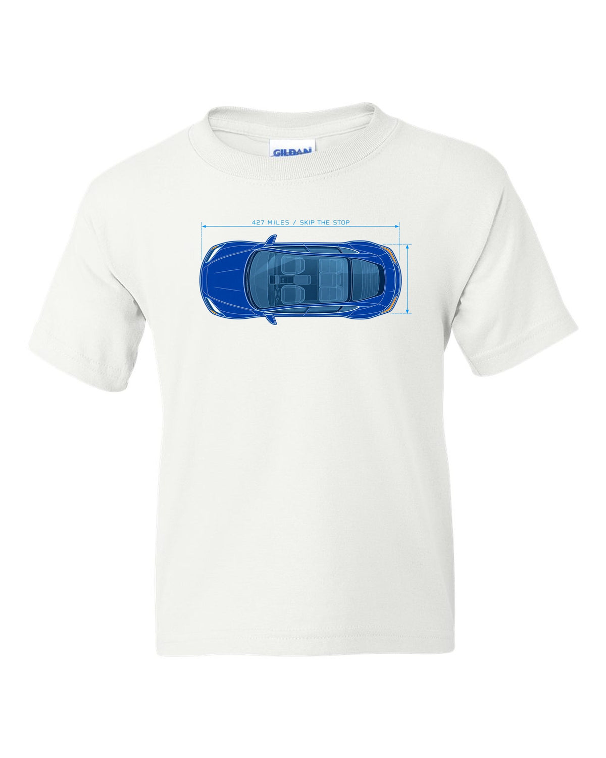 Lucid Air Sapphire white and cyan blueprint print with the text 427 miles skip the stop white kids tee front view with the design