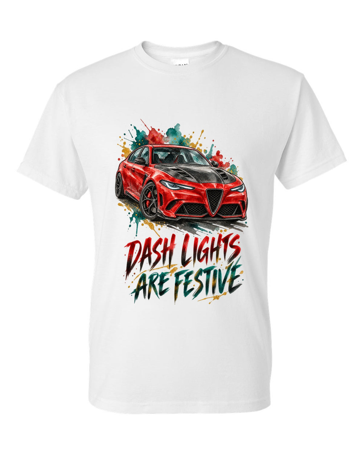 Watercolour ink illustration of an Alfa Romeo Giulia Quadrifoglio 952 with dash lights text on a tee back white t-shirt front view with the design