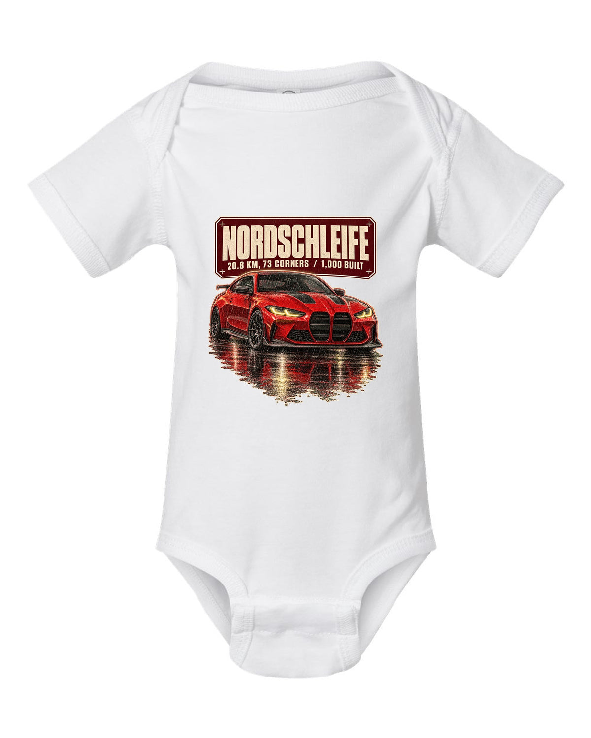 BMW M4 CSL G82 Nordschleife night scene print white baby onesie front view with the design