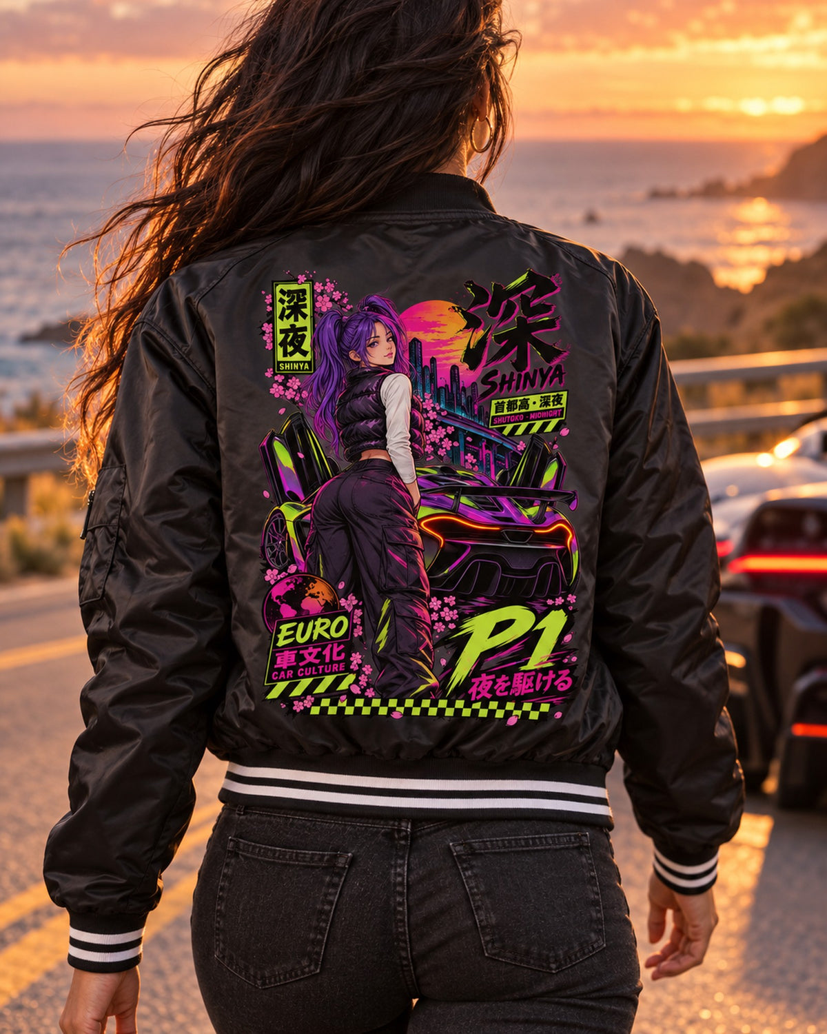 SHINYA P1 Anime Girl Full-Back Graphic Tee Bomber Jacket Black worn hero