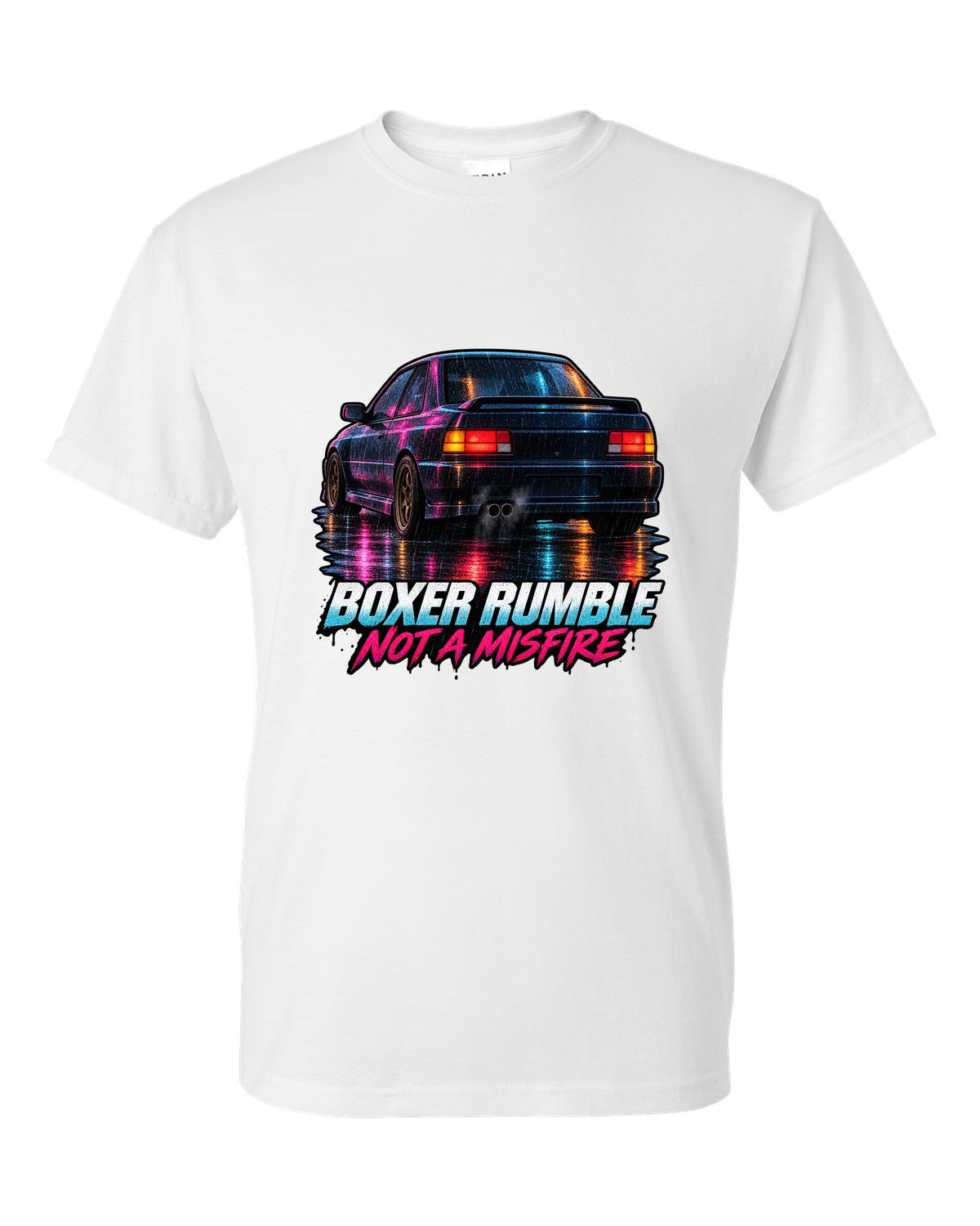 Painterly night scene of a Subaru Impreza WRX GC8 coupe with wet taillight reflections white t-shirt front view with the design