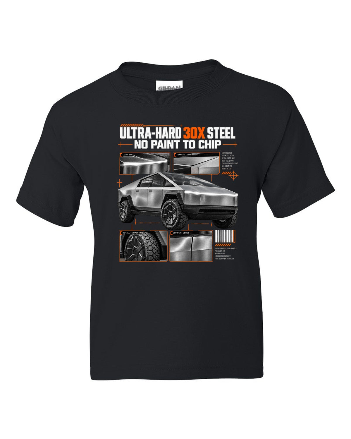 Tesla Cybertruck 2023 dossier panel graphic with ultra-hard 30X steel and no paint to chip black kids tee front view with the design