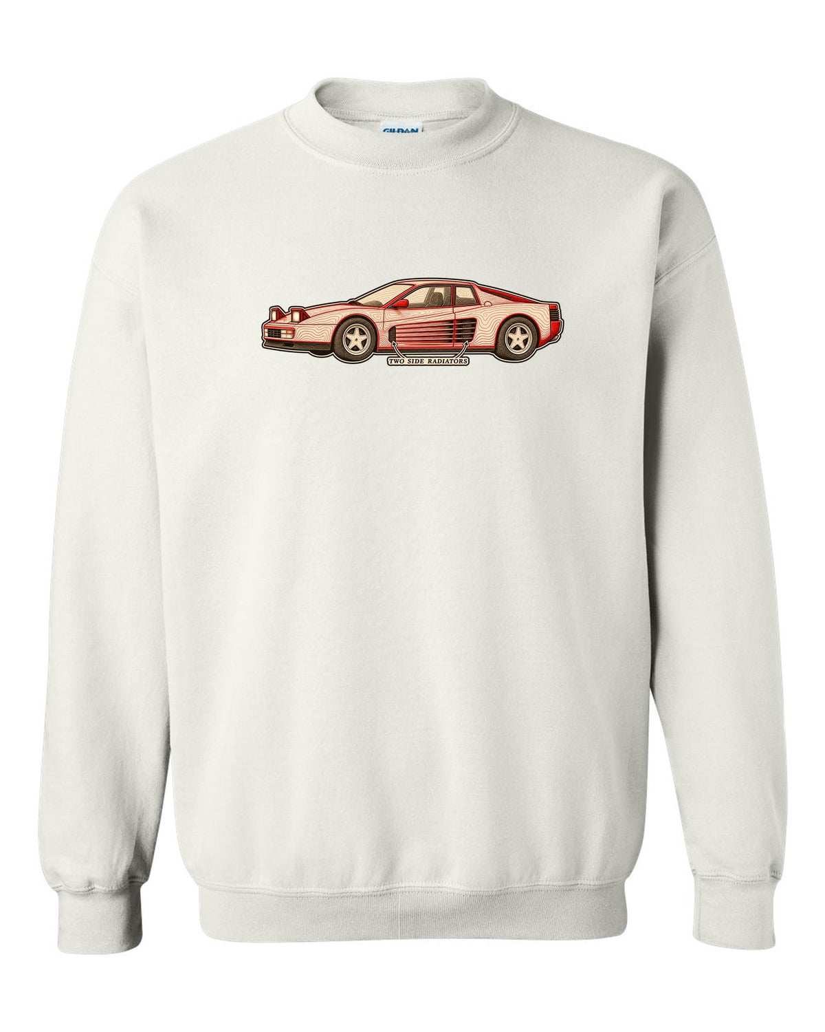 Ferrari Testarossa F110 Side Strake Contour Map white crewneck front view with the design