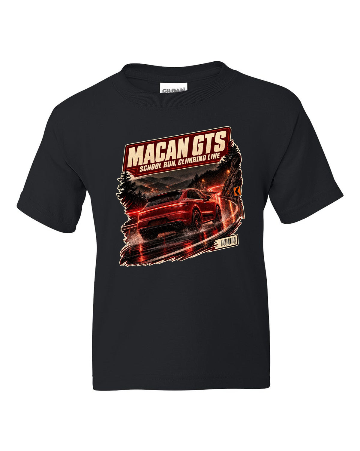 Wet mountain road print of a low front three-quarter Porsche Macan GTS 95B black kids tee front view with the design
