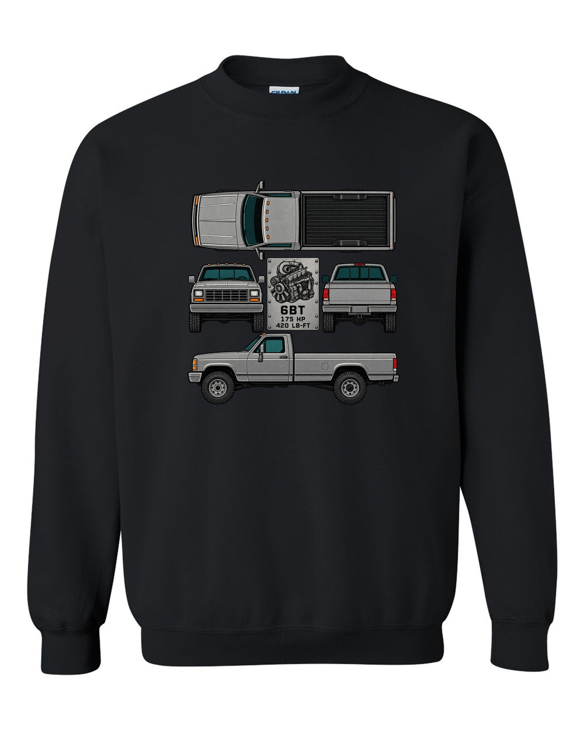 Spec-sheet data plate print of a Dodge Ram D250 6BT Cummins with horsepower and torque black crewneck front view with the design