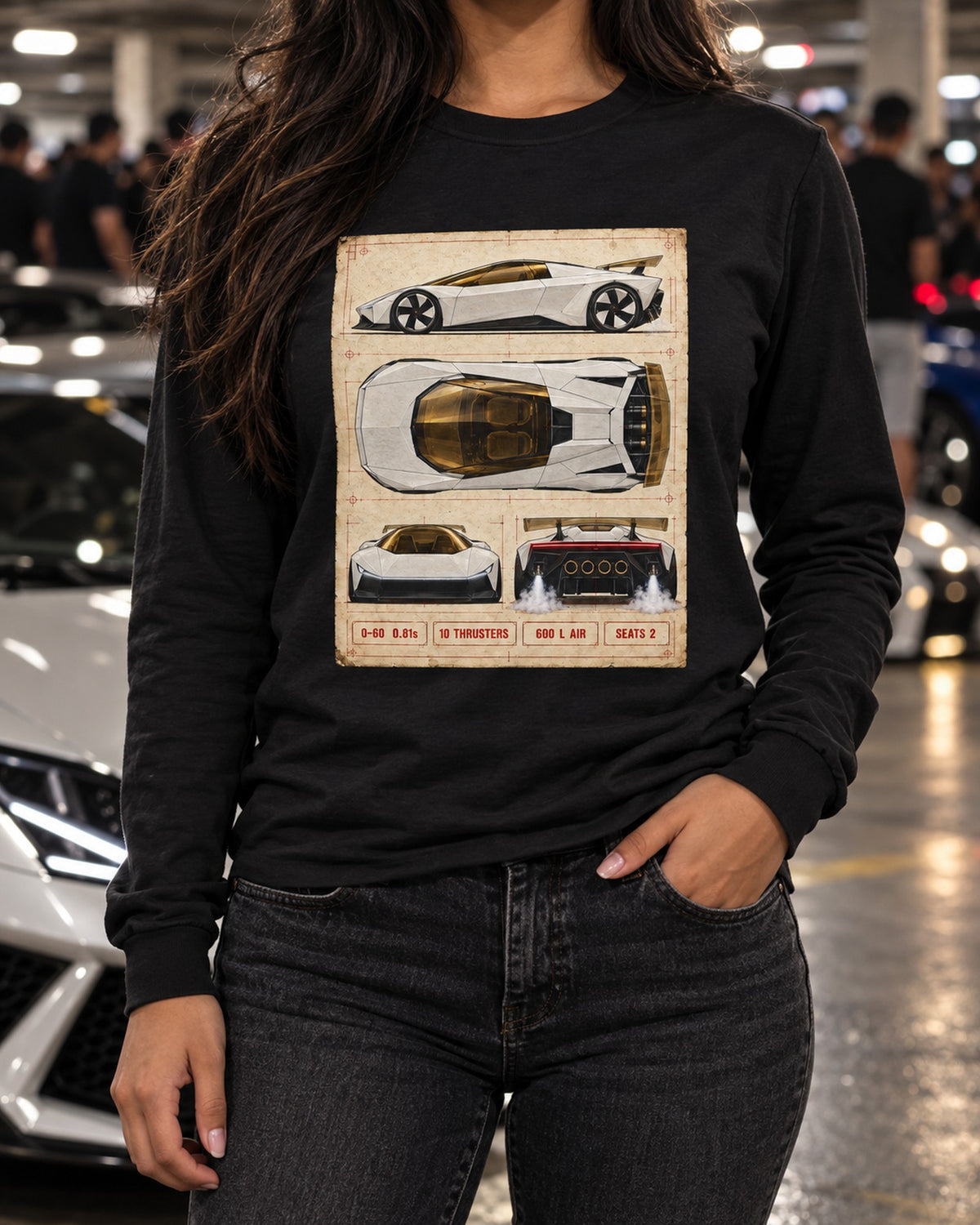 Tesla Roadster Spec Sheet Shirt, Hoodie & More Long Sleeve Black worn hero