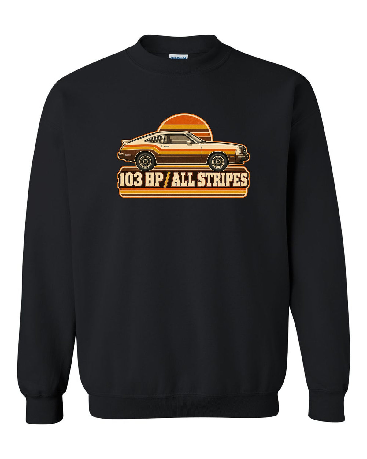 Vintage 70s race poster print of a 1976 Ford Mustang II fastback with stripes black crewneck front view with the design
