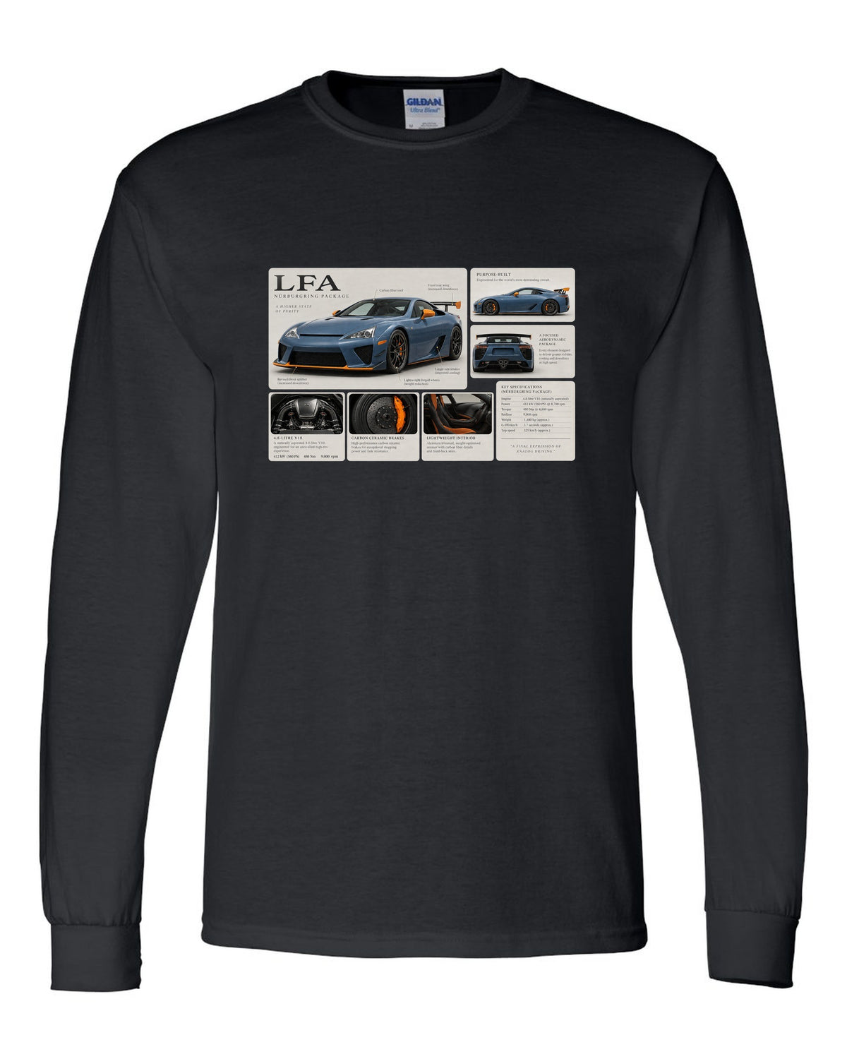 Dossier panel layout for the Lexus LFA Nurburgring Package with V10 notes black long sleeve front view with the design