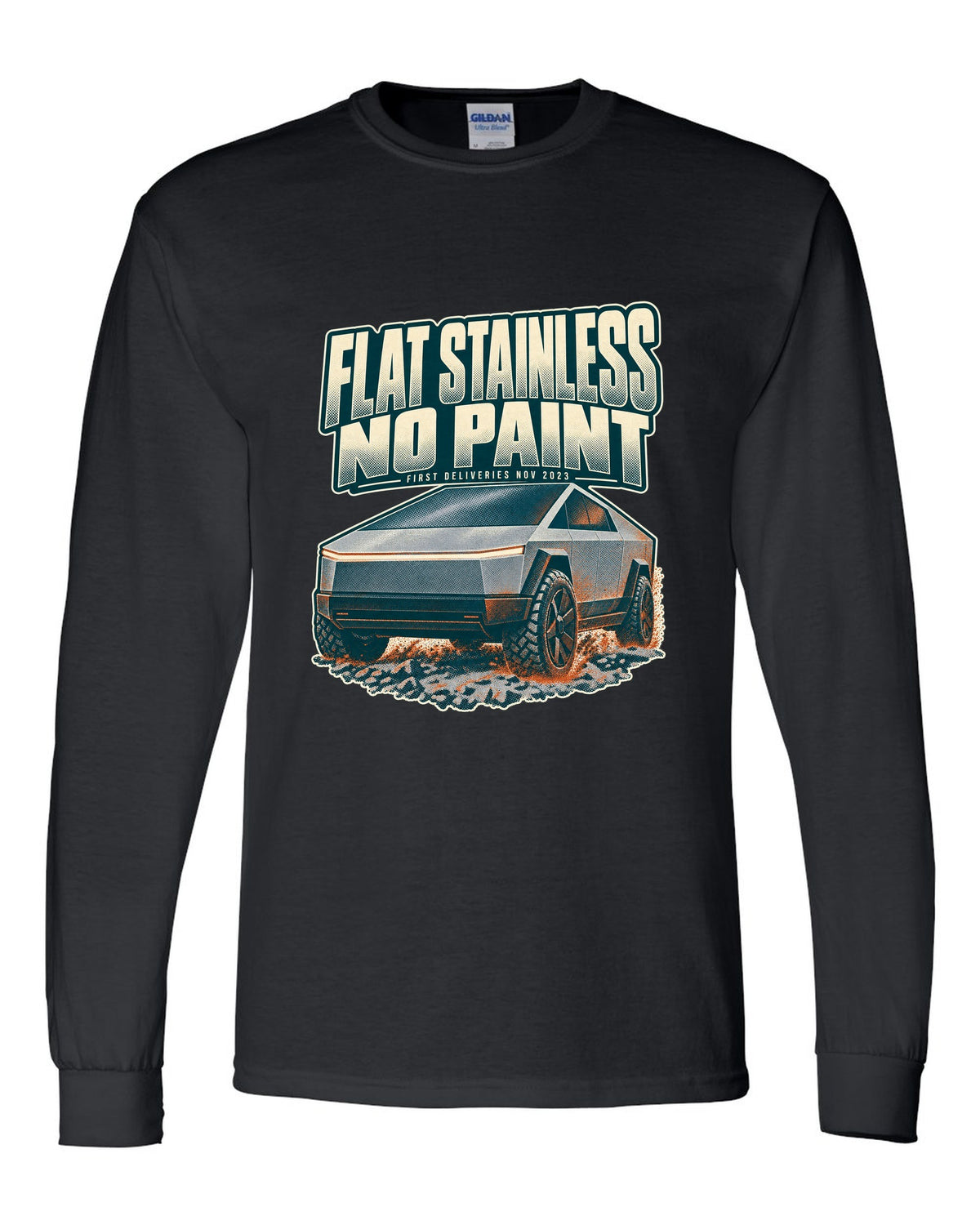 Halftone print of a Tesla Cybertruck front three-quarter with flat stainless text black long sleeve front view with the design