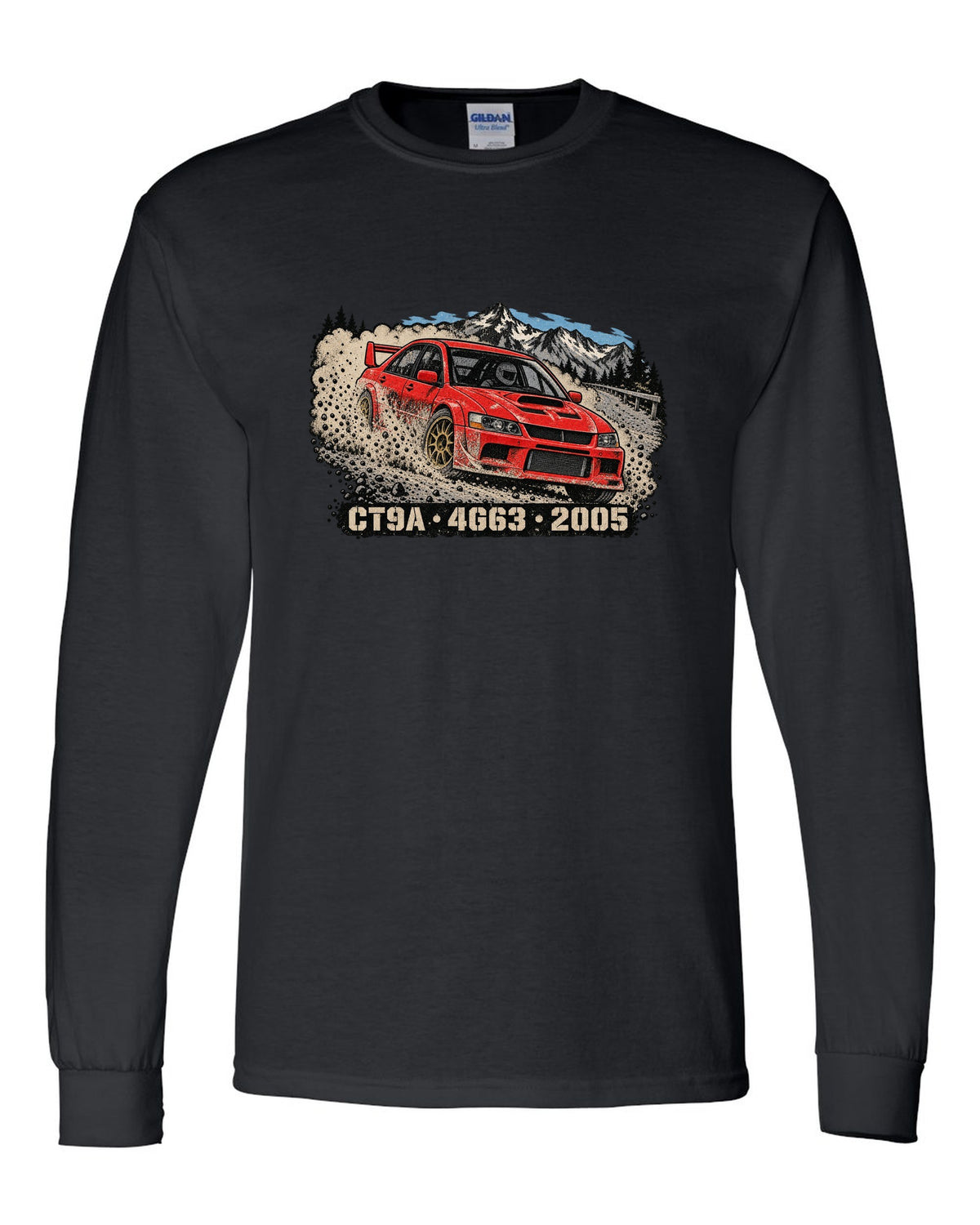 Distressed screenprint print of a Mitsubishi Lancer Evolution IX CT9A on gravel with CT9A 4G63 2005 lettering black long sleeve front view with the design