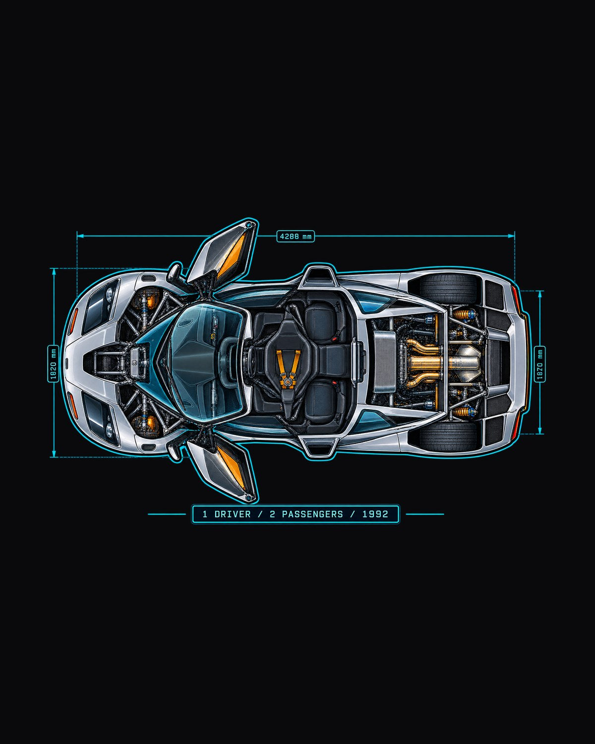McLaren F1 Blueprint Shirt, One Driver Two Passengers, Car Guy Gift design only