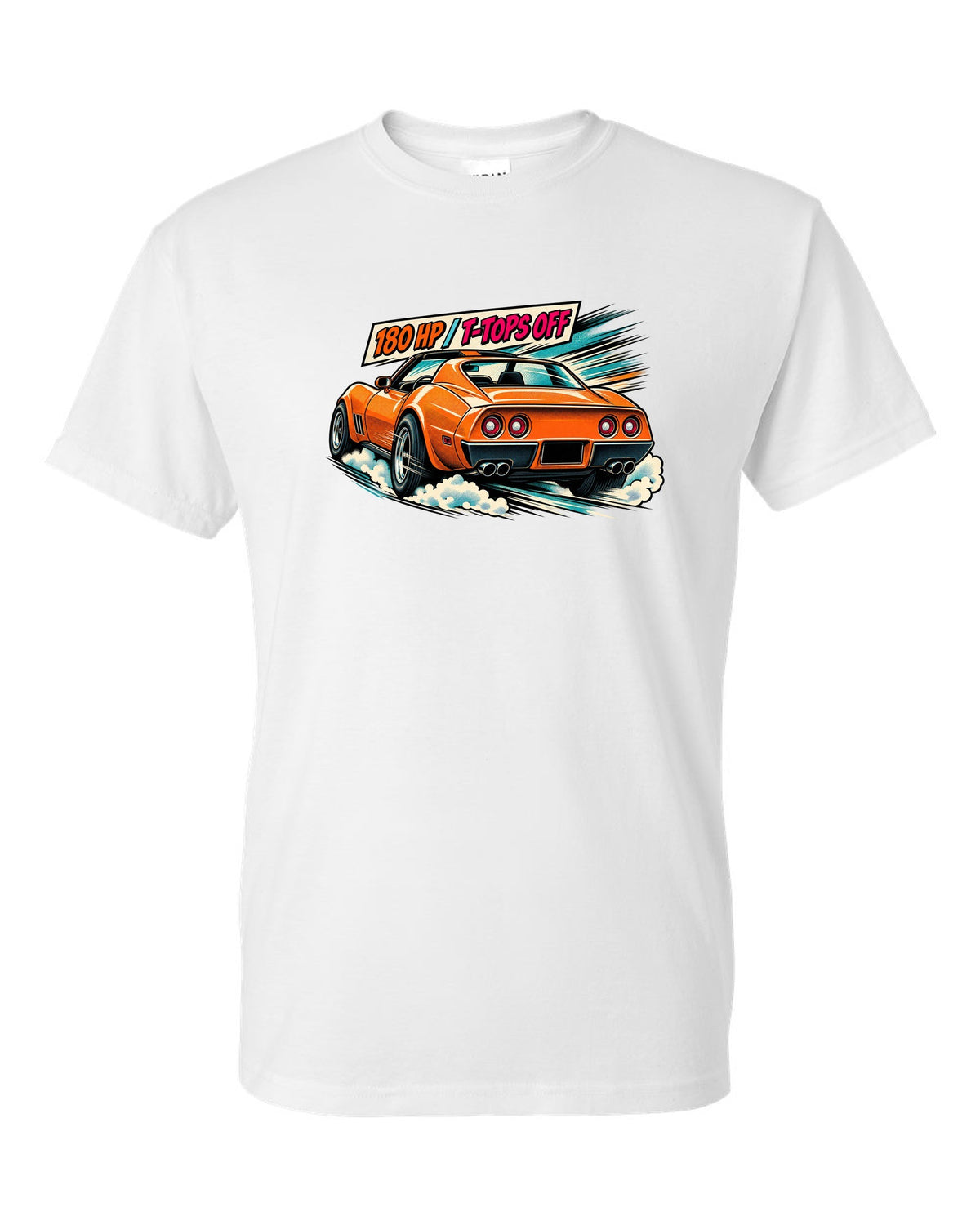 Retro manga halftone panel print of 1977 Chevrolet Corvette C3 Stingray taillights with 180 HP T-Tops Off text white t-shirt front view with the design