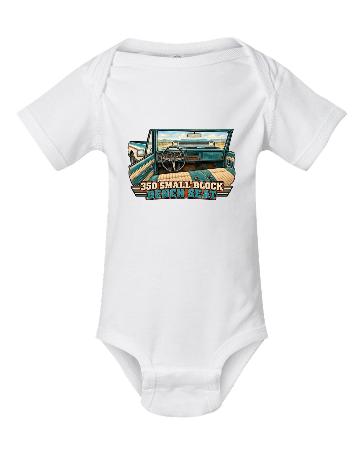Watercolour wash print of a 1971 Chevrolet C10 Cheyenne with 350 Small Block and Bench Seat text white baby onesie front view with the design