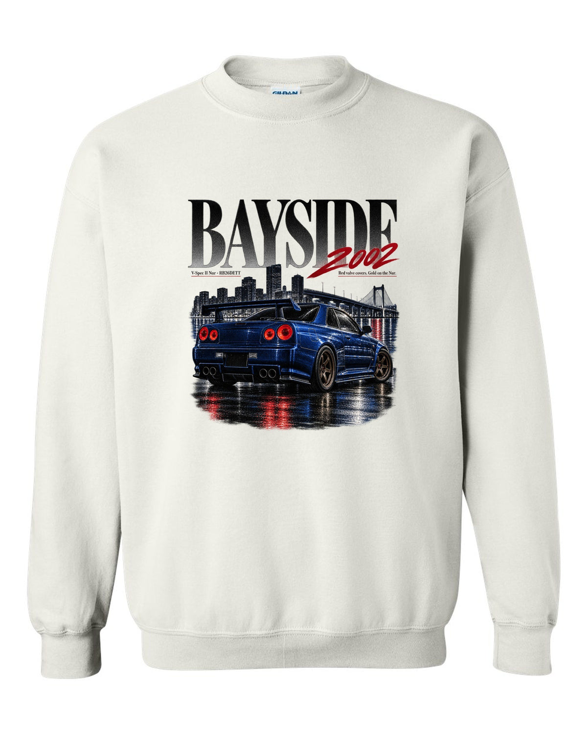 Editorial print of a Nissan Skyline GT-R R34 V-Spec II Nur rear with RB26DETT text white crewneck front view with the design