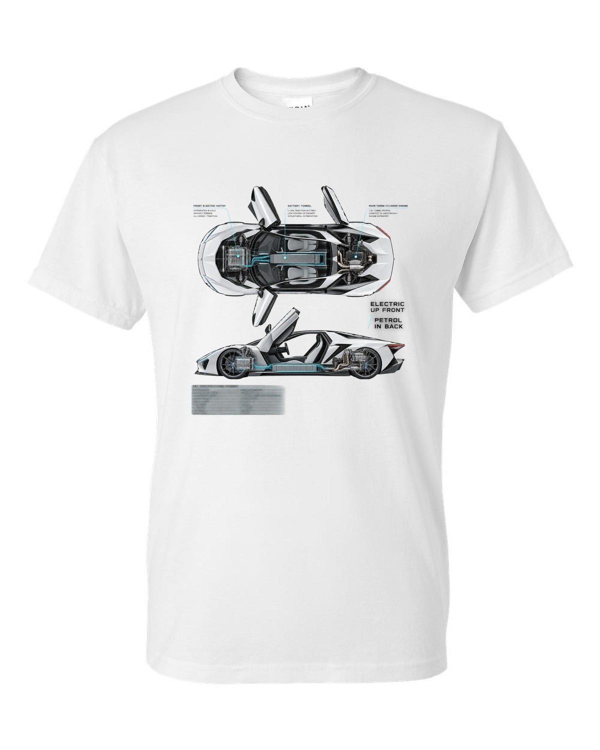 BMW i8 I12 spec poster print with electric up front petrol in back text white t-shirt front view with the design