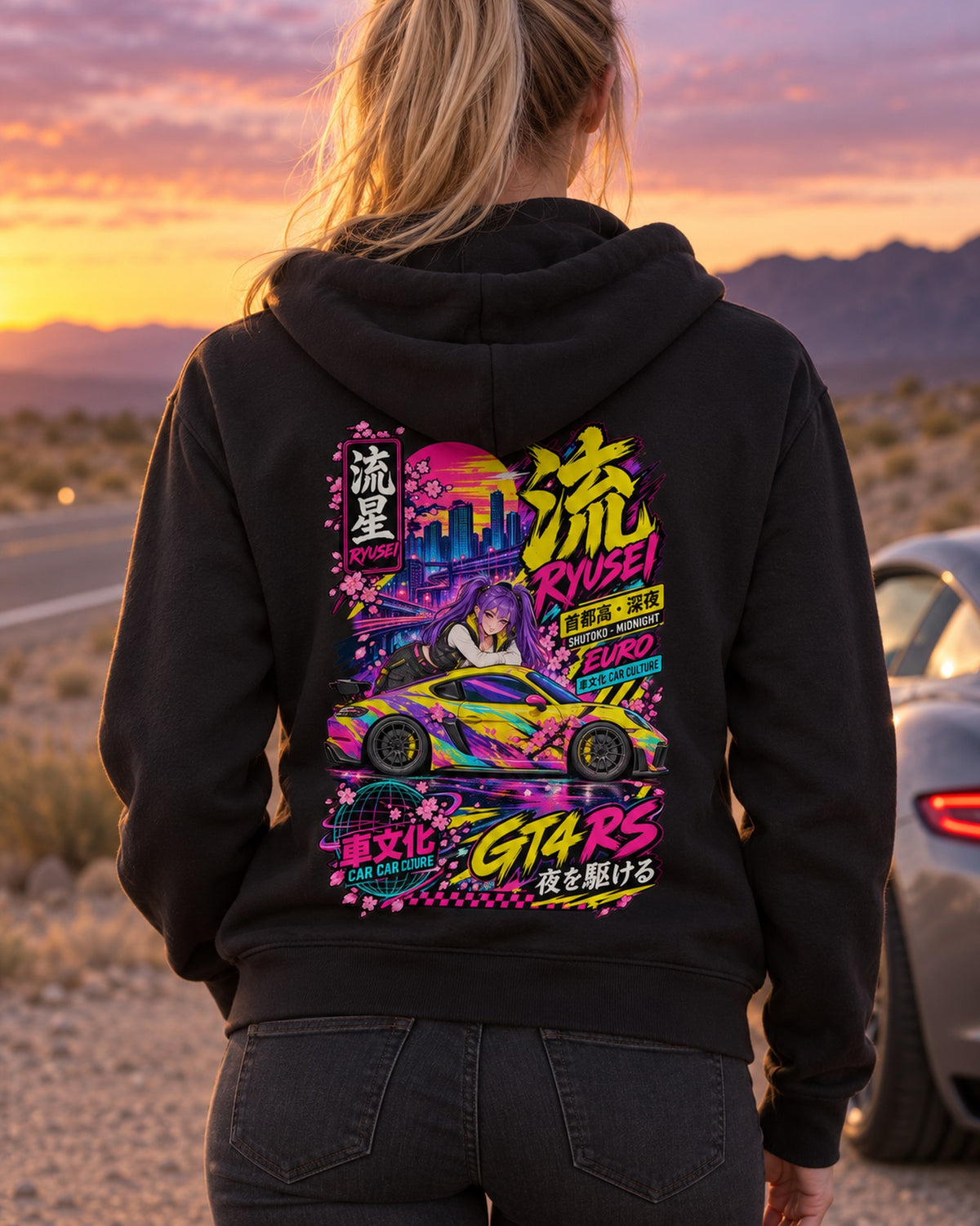 RYUSEI GT4 RS Anime Girl Full-Back Graphic Tee Zip Hoodie Black worn hero