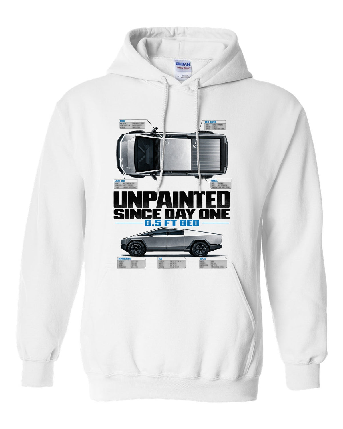 Tesla Cybertruck top-down and profile spec poster with unpainted since day one text white pull over hoodie front view with the design