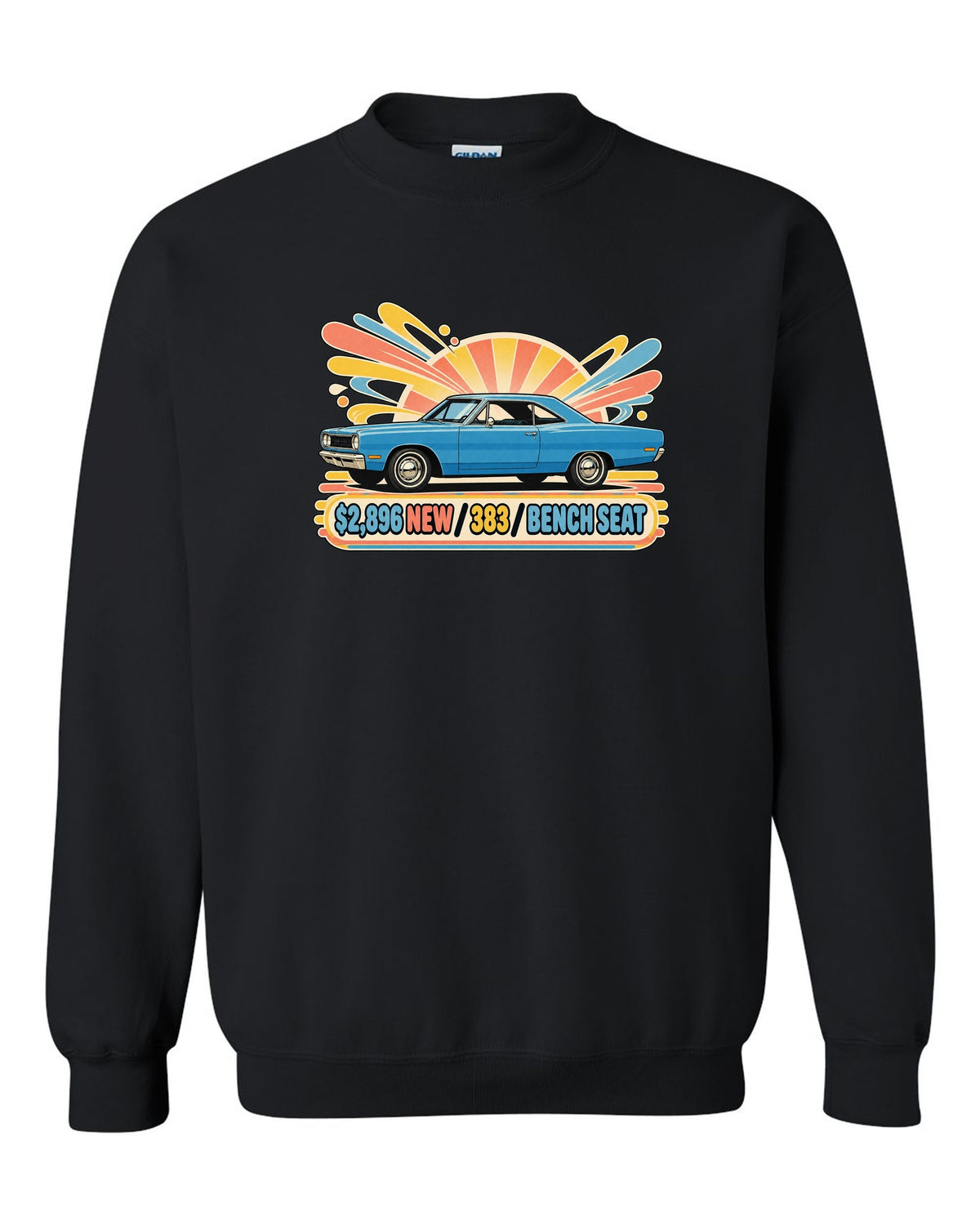 Retro Japanese showa catalogue ad of a 1968 Plymouth Road Runner with price 383 and bench seat text black crewneck front view with the design