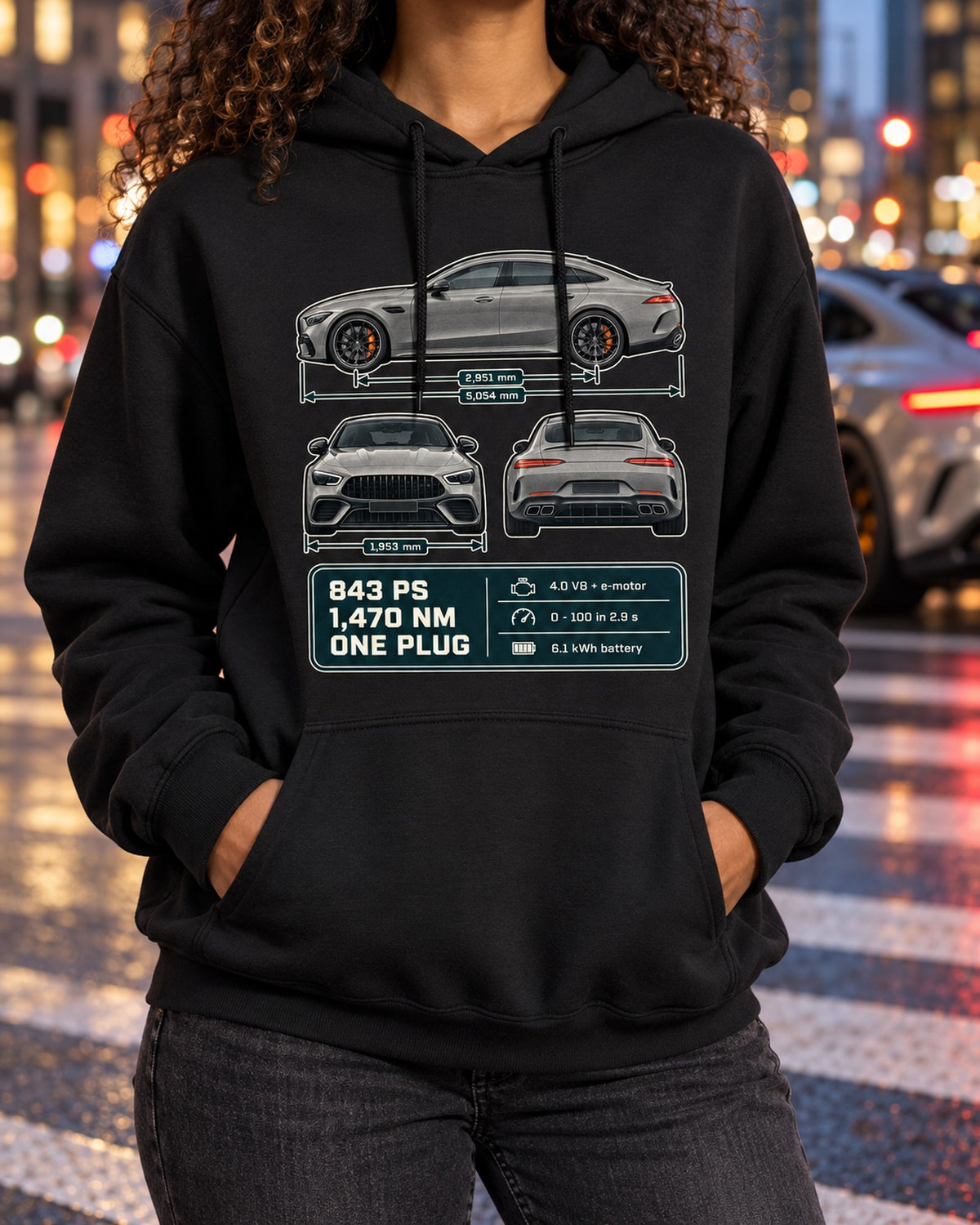 AMG GT 63 S E Performance 4-Door Three-View Spec Table Shirt Pull Over Hoodie Black worn hero