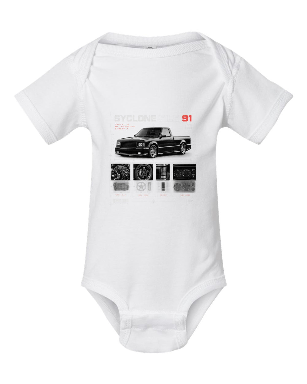 Dossier panel print of a 1991 GMC Syclone with turbo 4.3 V6 and 2,995 built text white baby onesie front view with the design