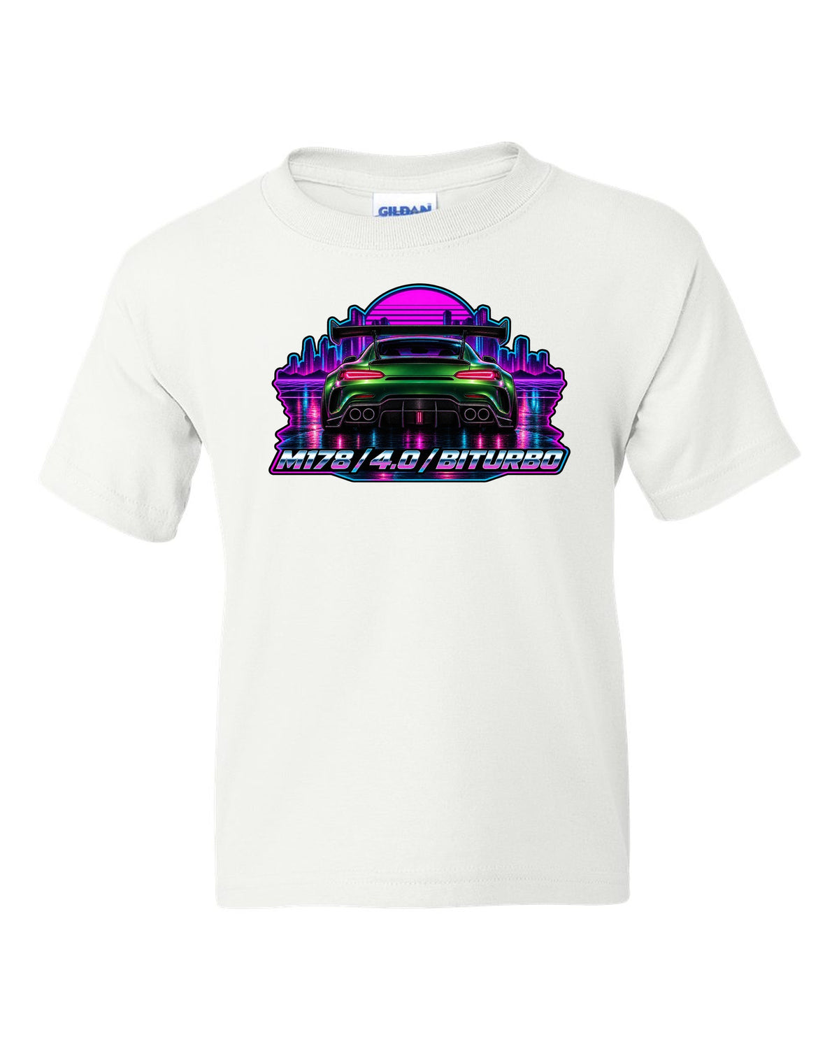 Cyanotype blueprint style engine bay illustration of a Mercedes AMG GT C190 with M178 557 PS text white kids tee front view with the design