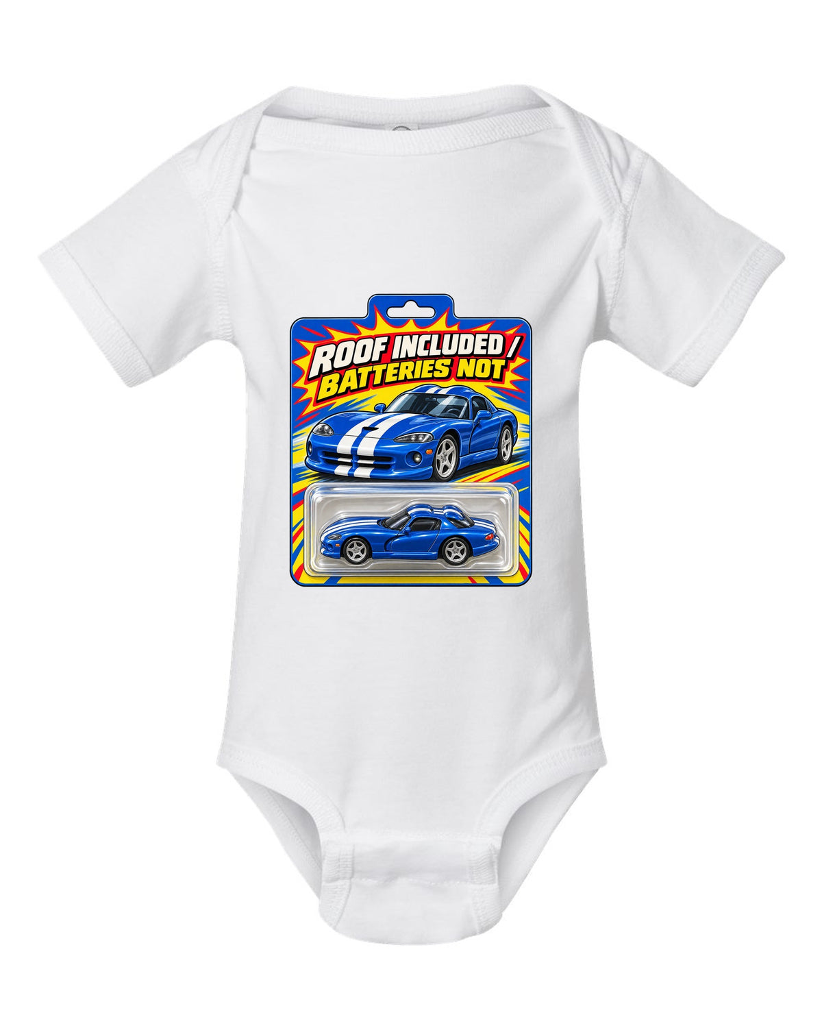 Toy blister-card layout featuring a 1996 Dodge Viper GTS SR II with roof included joke text white baby onesie front view with the design