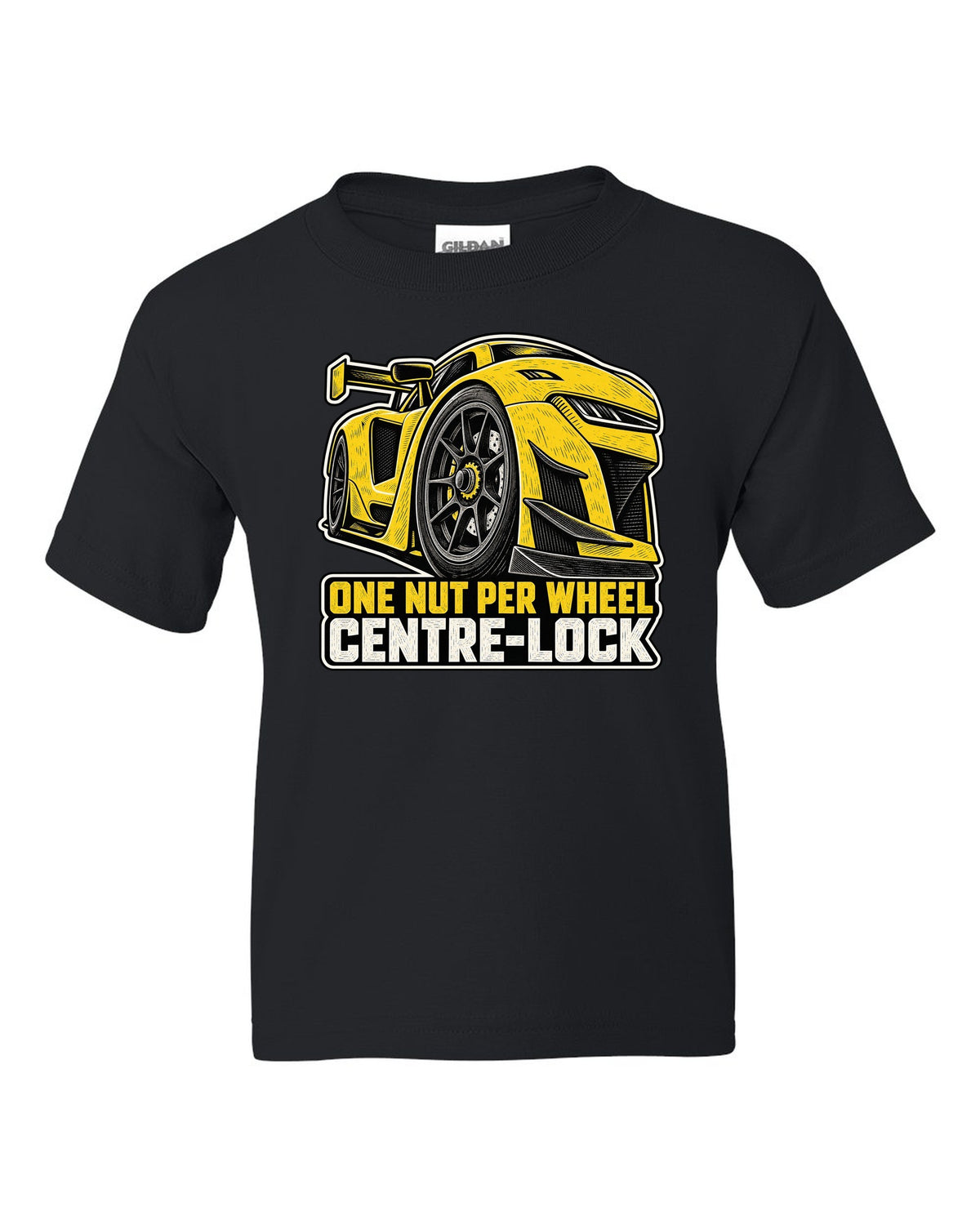 Risograph duotone design of a Corvette C8.R race car with large rear wing black kids tee front view with the design