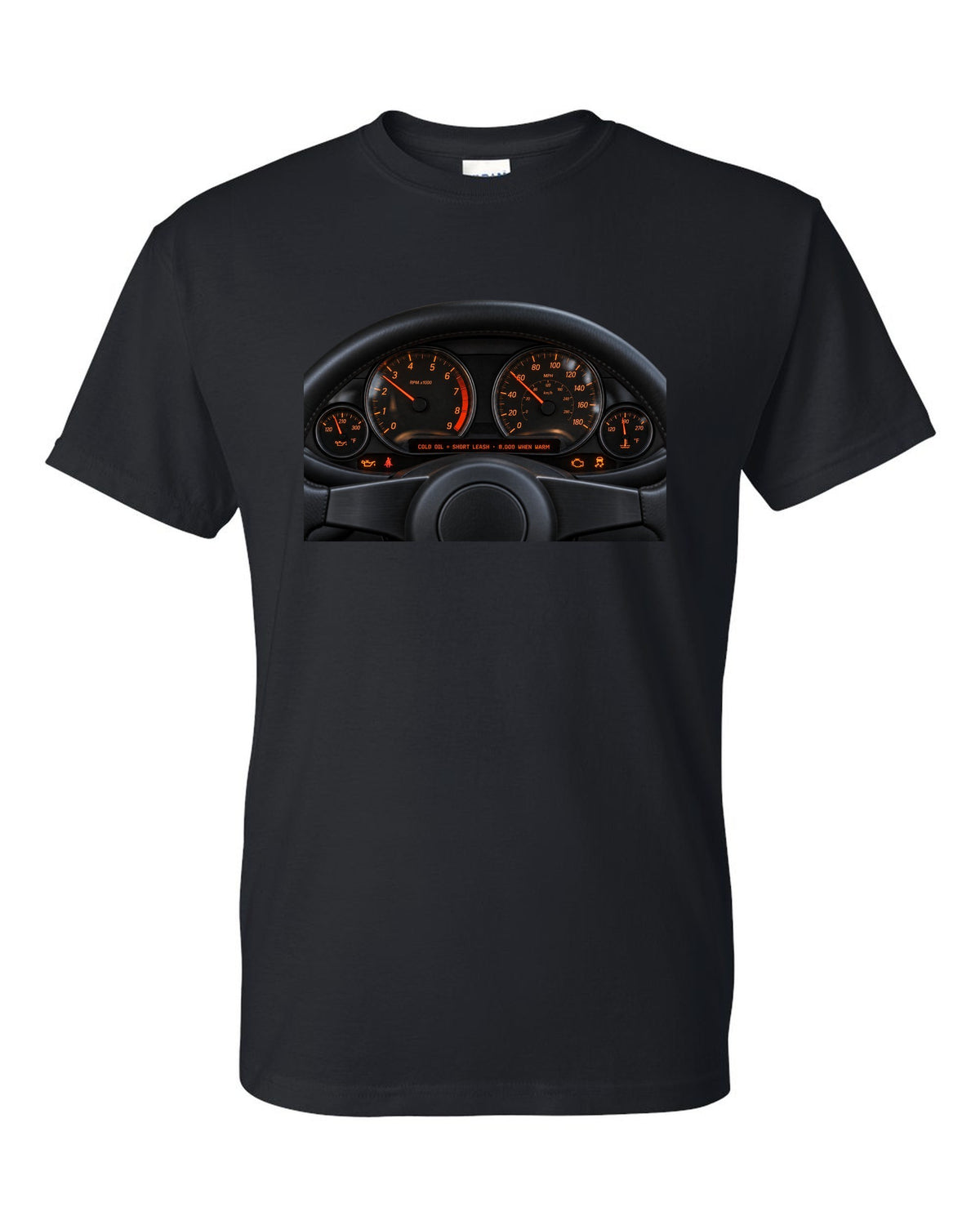 BMW E46 M3 coupe cockpit gauge print with cold oil short leash and 8,000 when warm text black t-shirt front view with the design