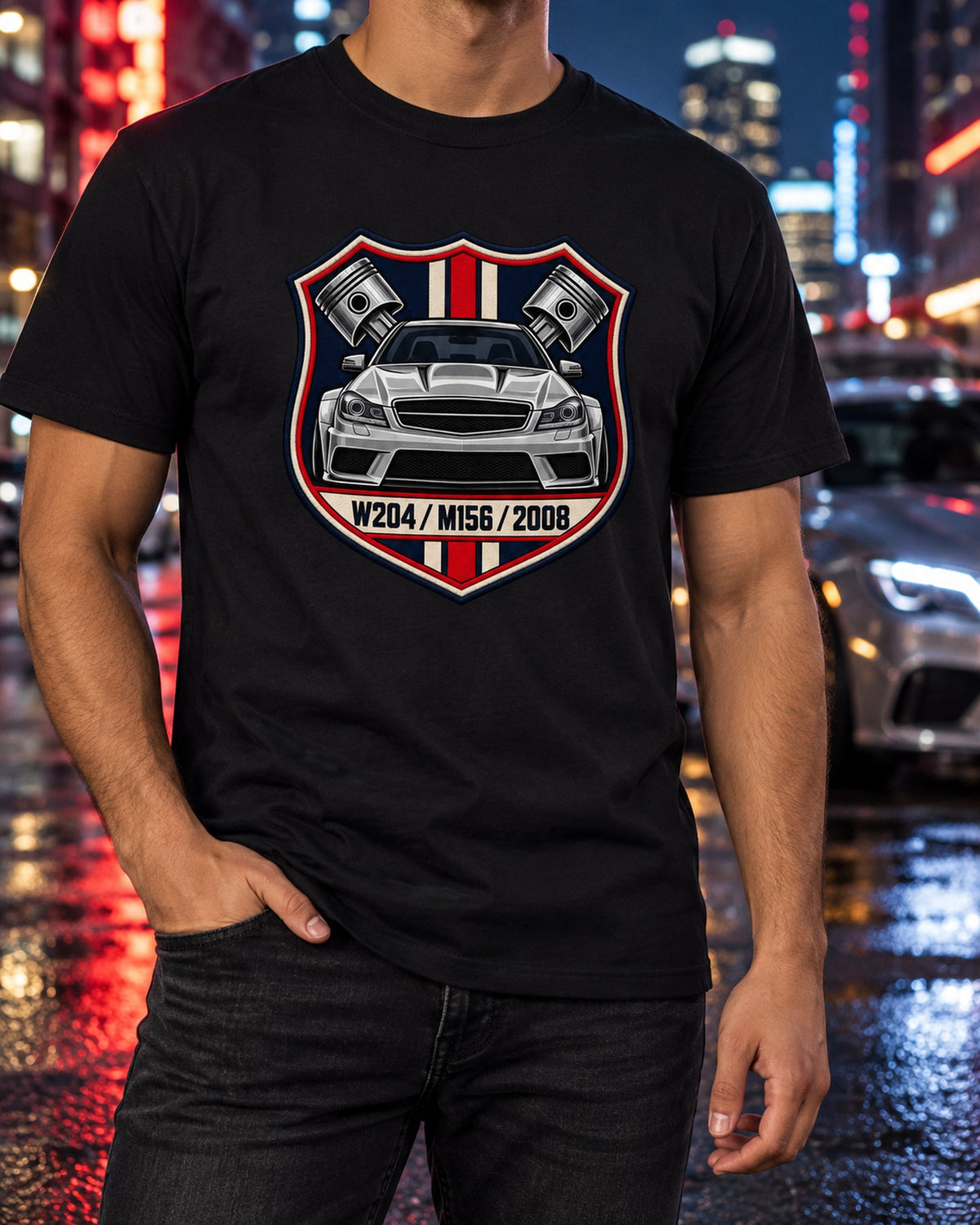 Mercedes C63 AMG W204 M156 Varsity Crest Tee, 2008 T-Shirt Black worn hero