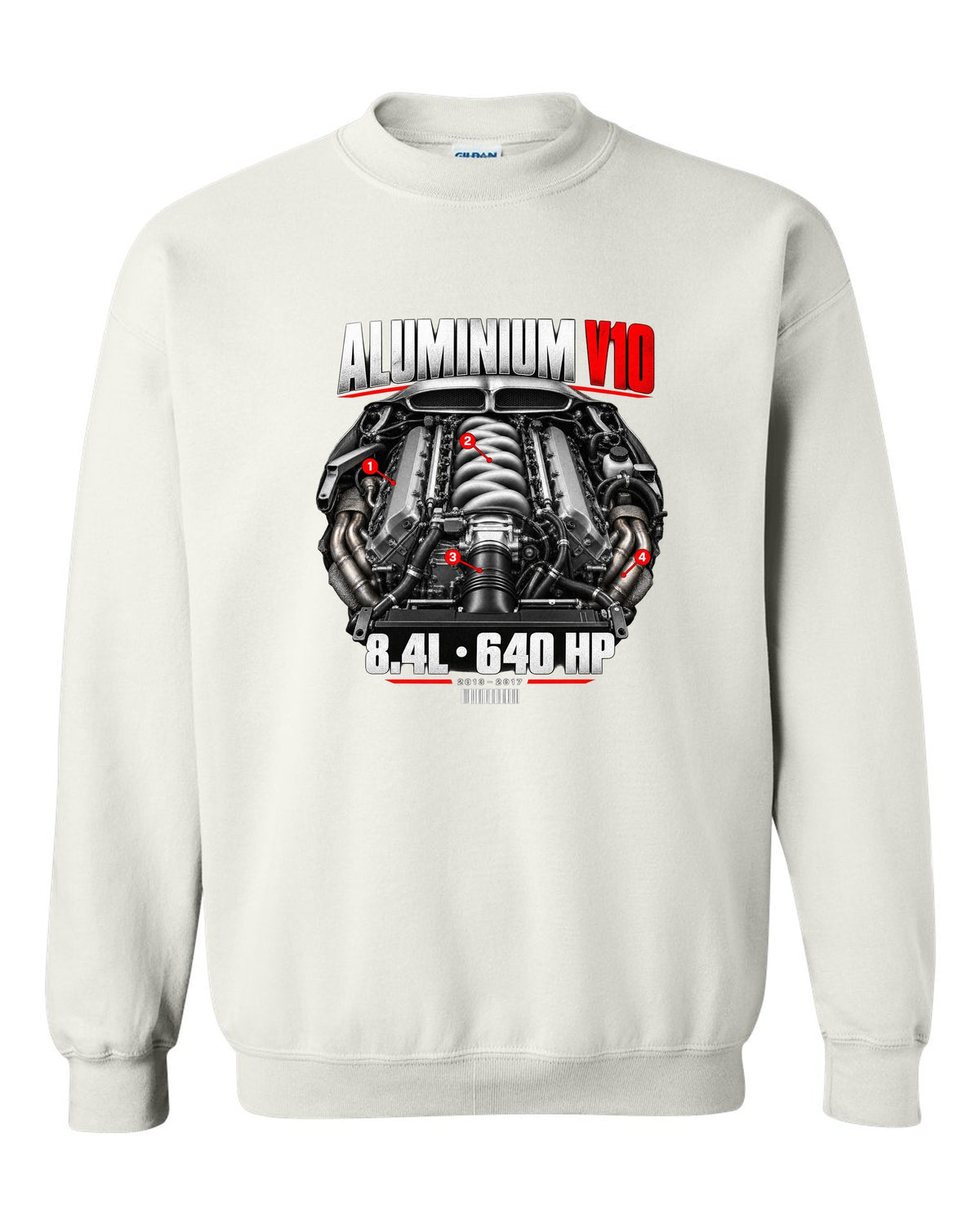 Dodge Viper VX aluminium V10 engine hero print with 8.4L and 640 HP lettering white crewneck front view with the design