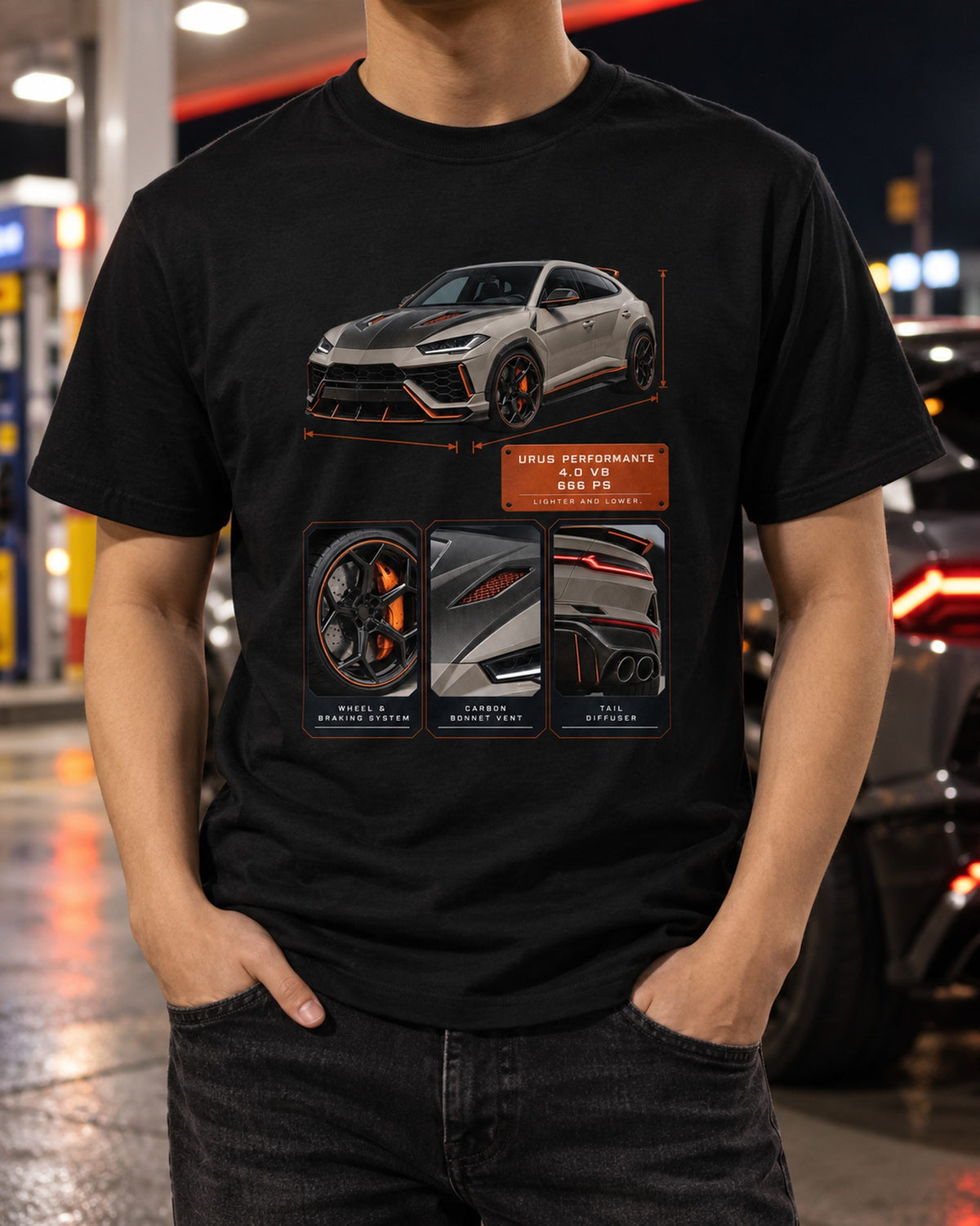 Lamborghini Urus Performante Dossier Panels Shirt, 666 PS T-Shirt Black worn hero