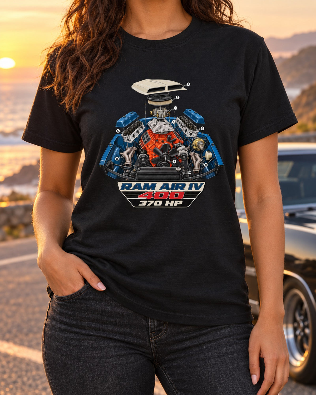 1969 Pontiac GTO Ram Air IV Exploded Engine Bay Tee T-Shirt Black worn hero