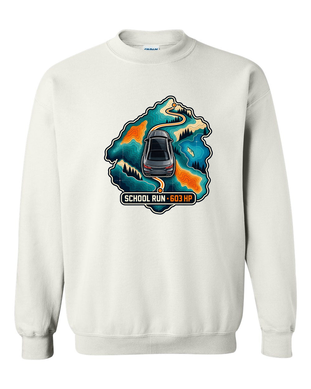 Topographic route map graphic reading School Run 603 HP for a Mercedes E63 W213, print white crewneck front view with the design