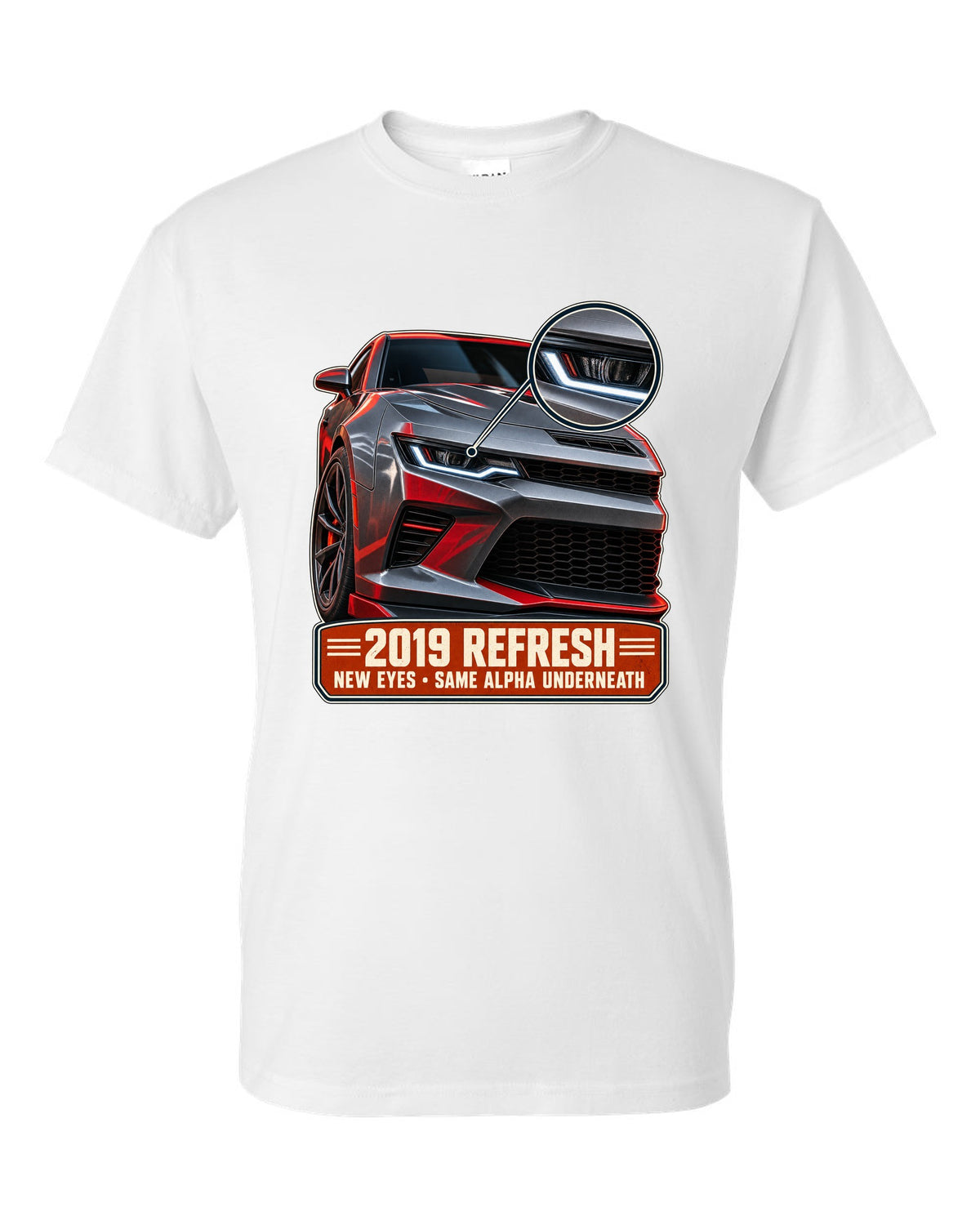 Macro detail print of a 2019 Chevrolet Camaro SS refresh white t-shirt front view with the design