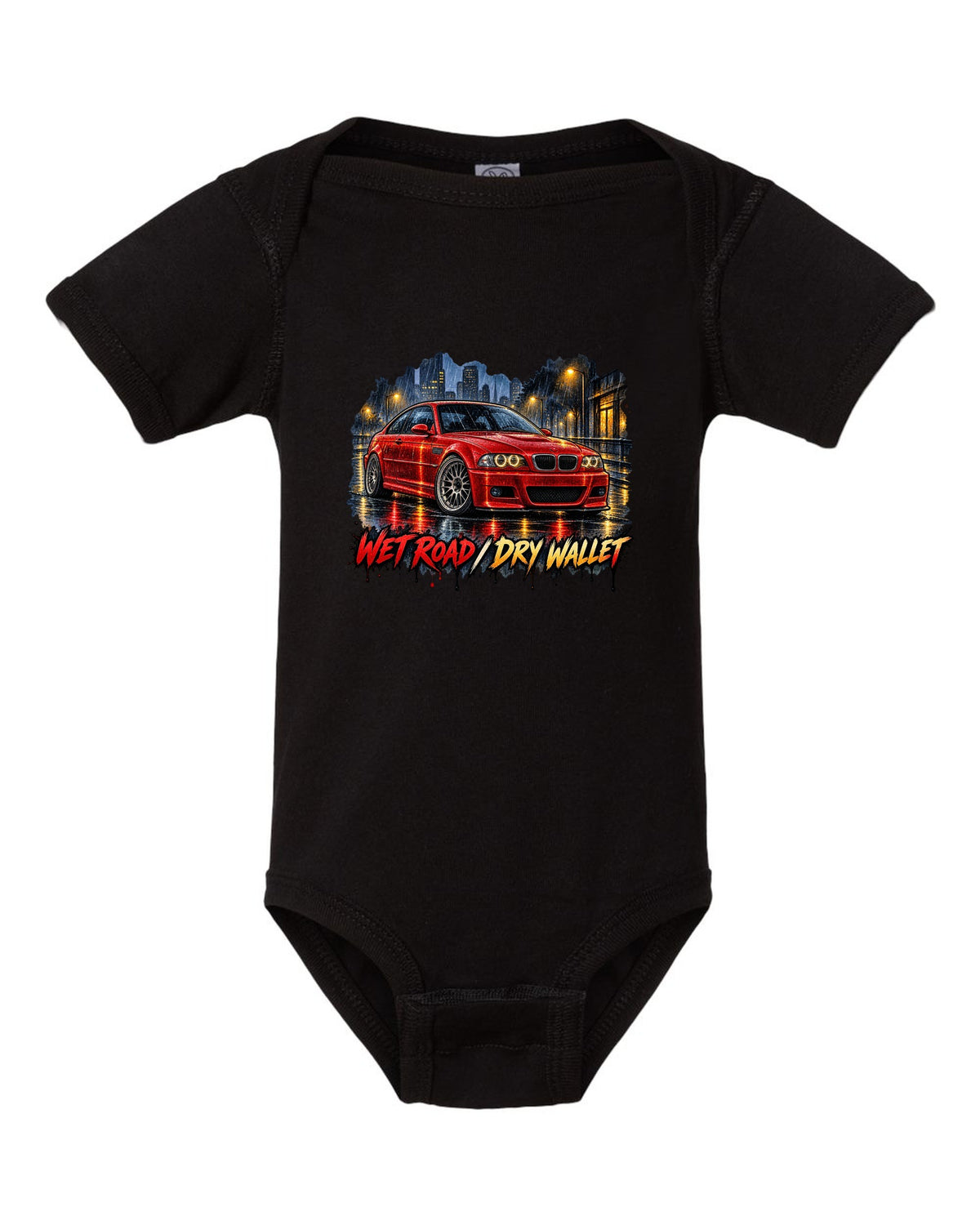 Watercolour wet-road night illustration of a BMW E46 M3 coupe with wet road dry wallet text black baby onesie front view with the design