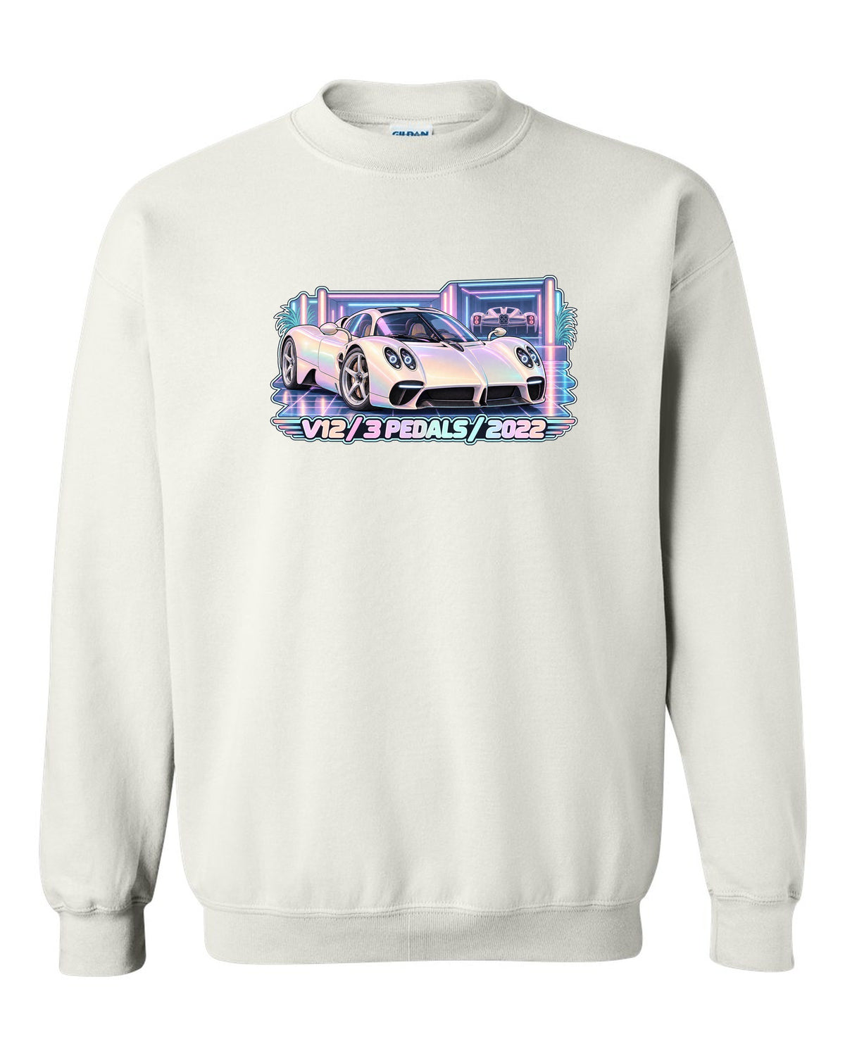 Pastel vaporwave garage illustration of a Pagani Utopia with V12 3 PEDALS 2022 lettering white crewneck front view with the design