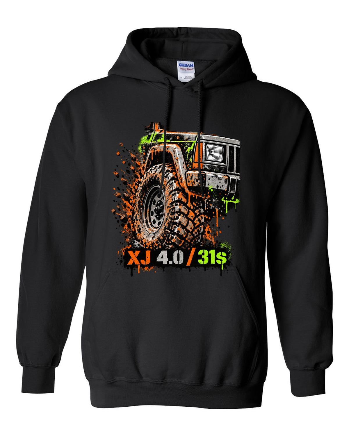 Stencil spray street art print of a muddy Jeep Cherokee XJ wheel with XJ 4.0 31s text black pull over hoodie front view with the design