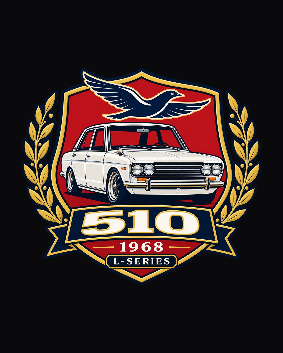 Datsun 510 Shield Crest print Tee, 1968 L-Series design only