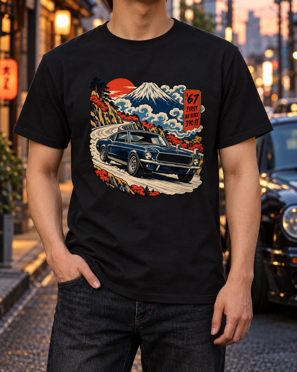 1967 Ford Mustang Fastback 390 FE Woodblock Print Shirt T-Shirt Black worn hero