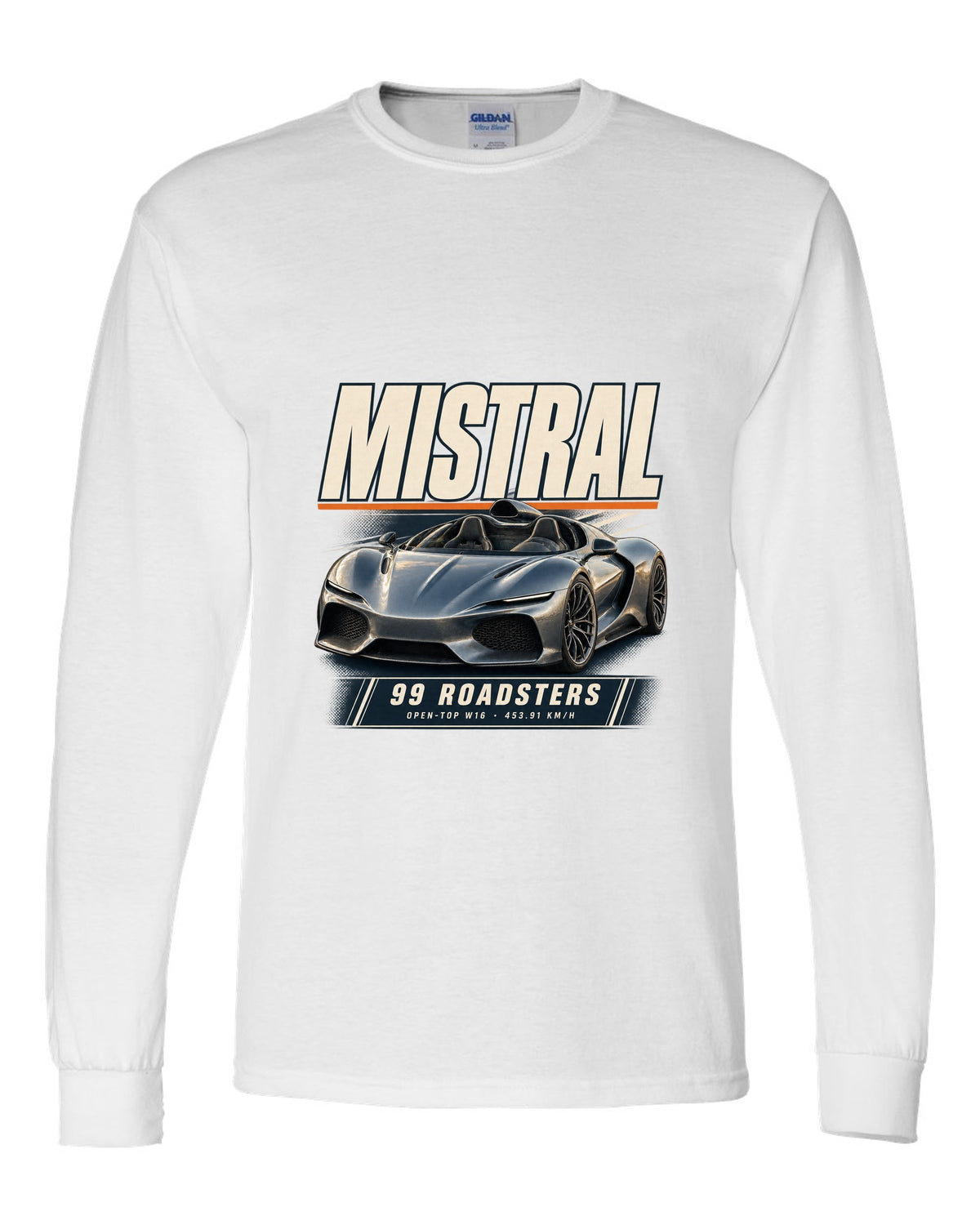 Editorial headline poster of the Bugatti Mistral open-top roadster, print white long sleeve front view with the design