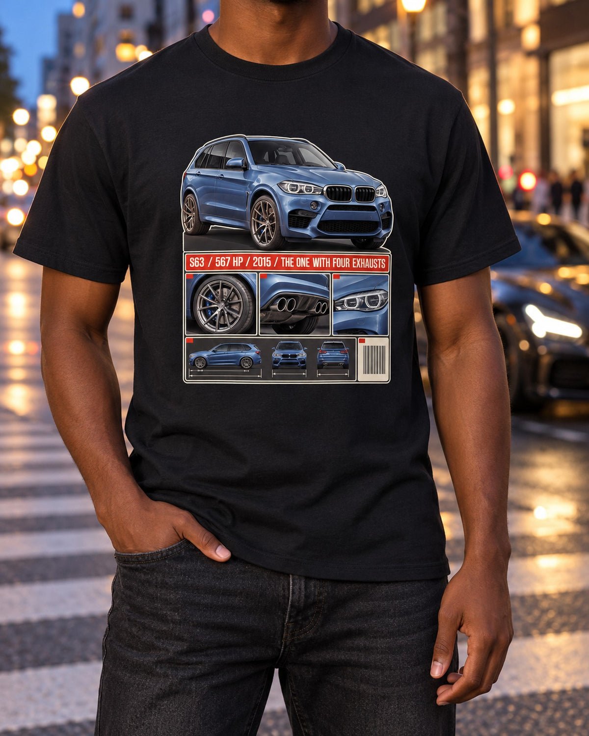 BMW X5 M F85 Dossier Panels Tee, S63 and Four Exhausts T-Shirt Black worn hero
