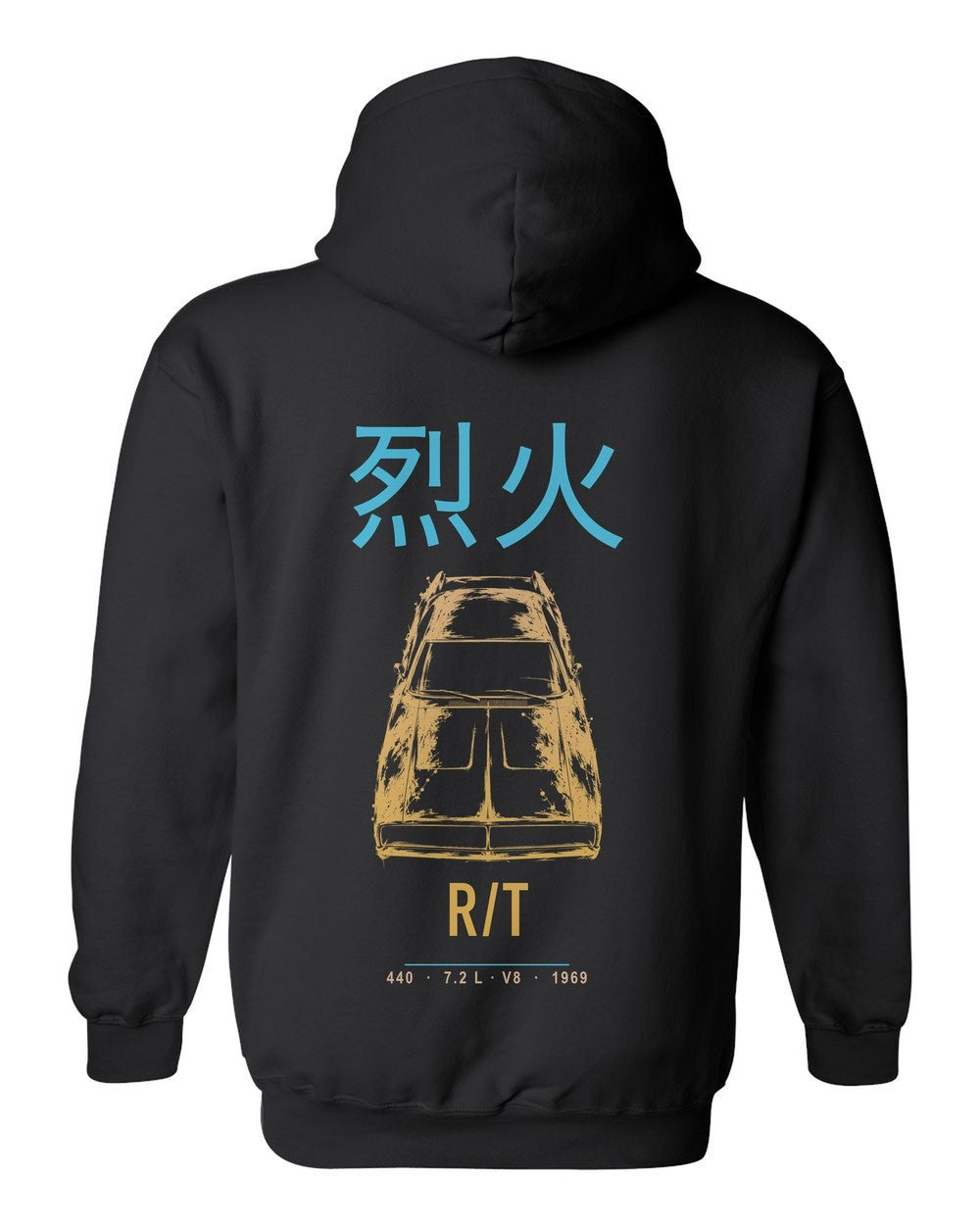 R/T full-back artwork black pull over hoodie back view with the design