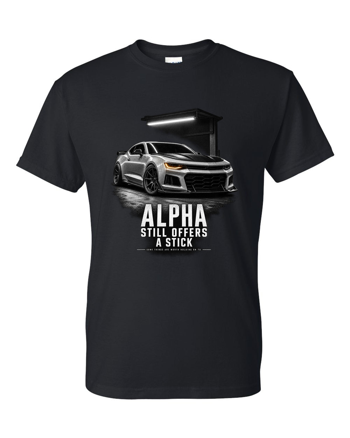 Garage-night print of a 2018 Chevrolet Camaro SS 1LE sixth-gen front three-quarter with Alpha text black t-shirt front view with the design