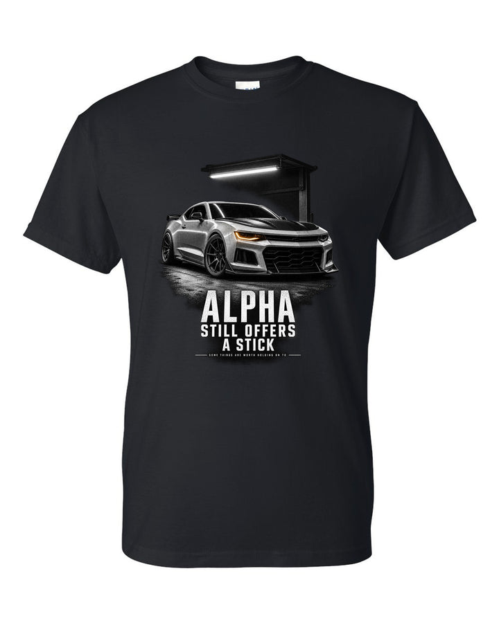 Garage-night print of a 2018 Chevrolet Camaro SS 1LE sixth-gen front three-quarter with Alpha text black t-shirt front view with the design