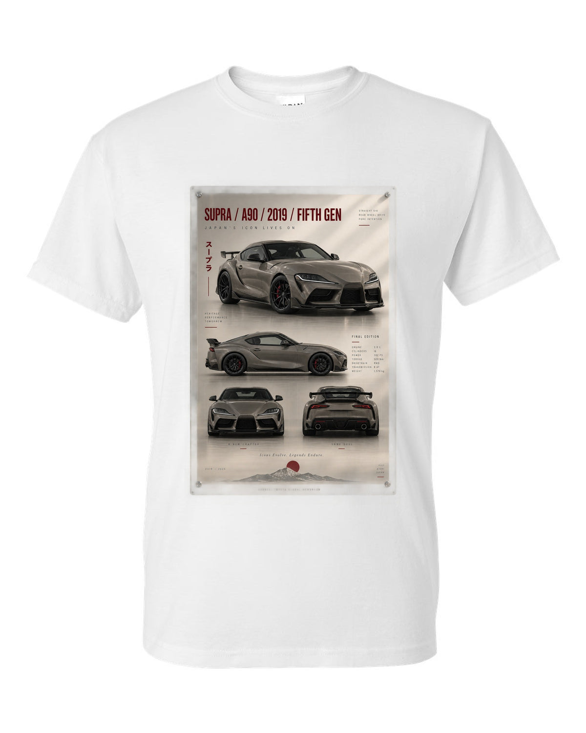 Warm grey archive panel of the Toyota GR Supra Final Edition 3.0 with A90 text white t-shirt front view with the design