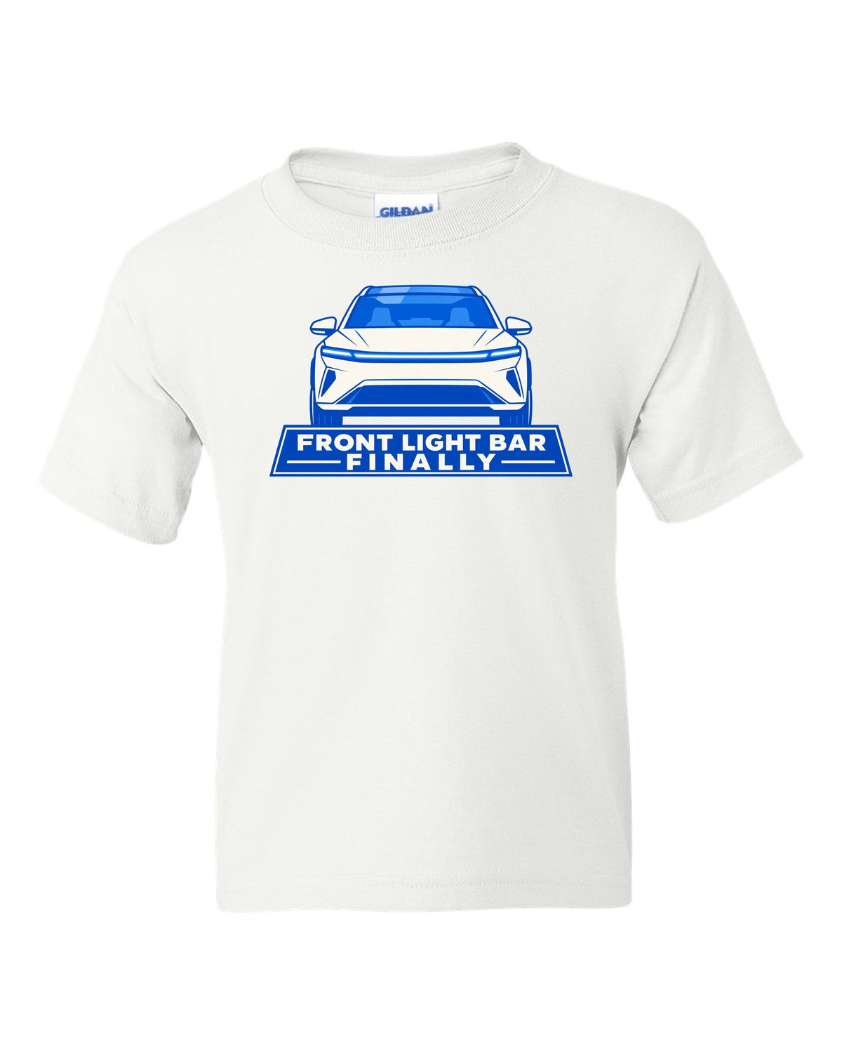 Minimal geometric flat vector print of a Tesla Model Y Juniper with the text Front Light Bar Finally white kids tee front view with the design