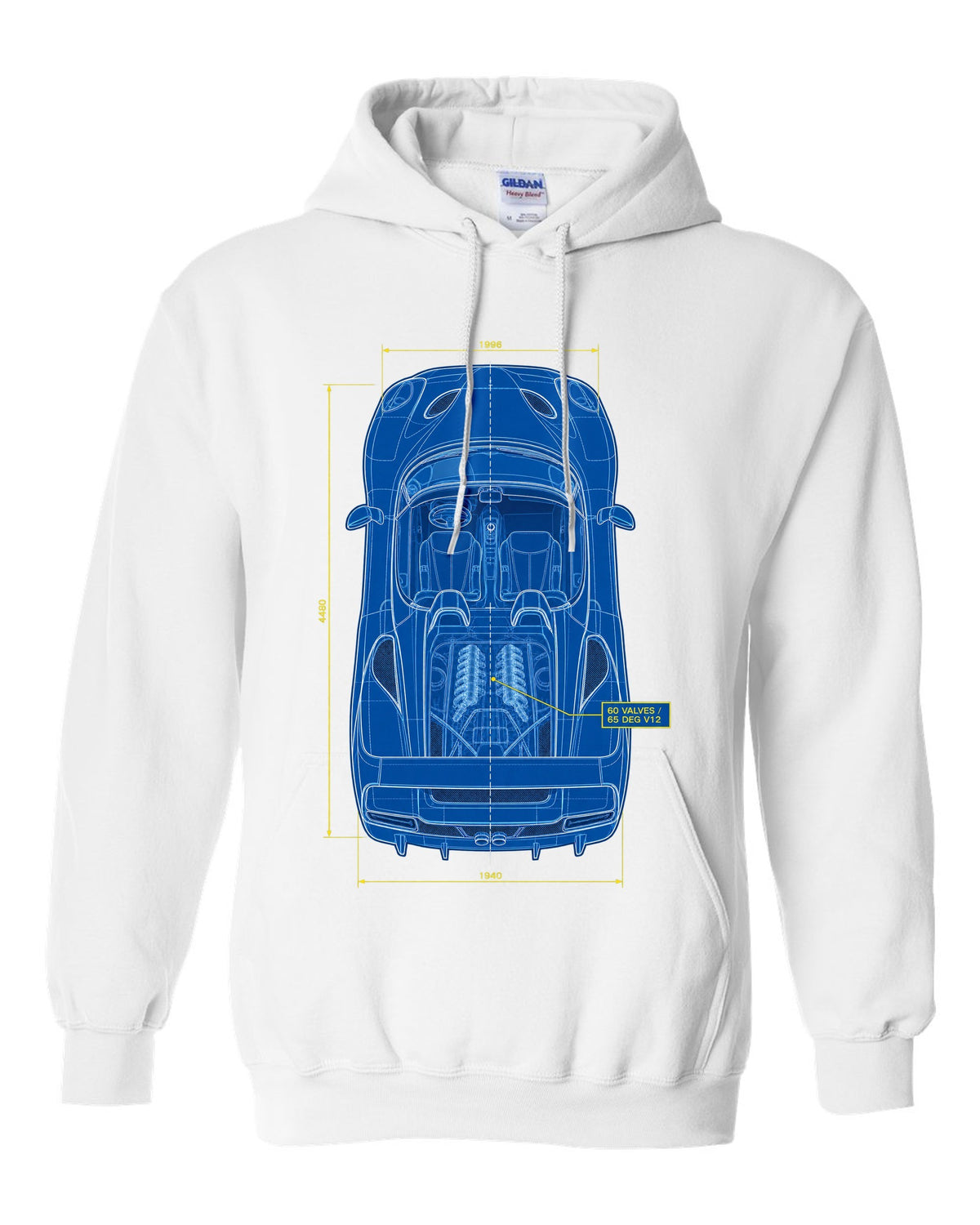 Top-down plan blueprint print of a 1995 Ferrari F50 F130 with 60 valves and 65 degree V12 text white pull over hoodie front view with the design