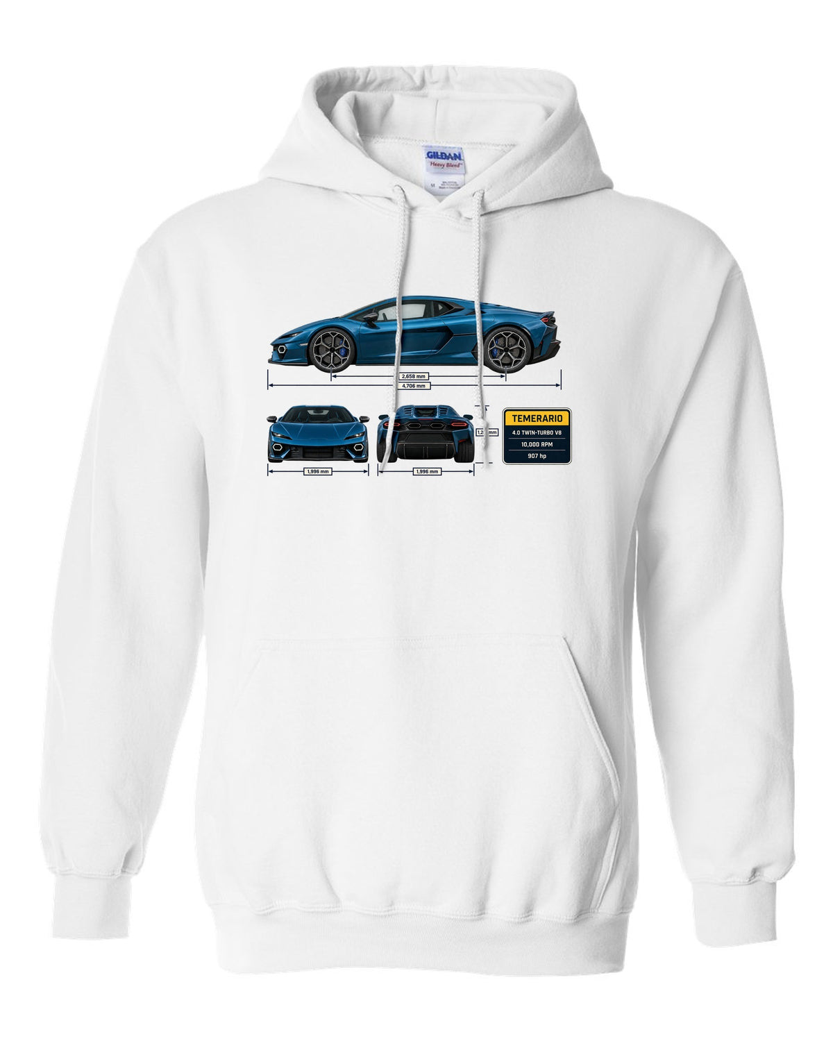 Three-view spec print of the Lamborghini Temerario white pull over hoodie front view with the design