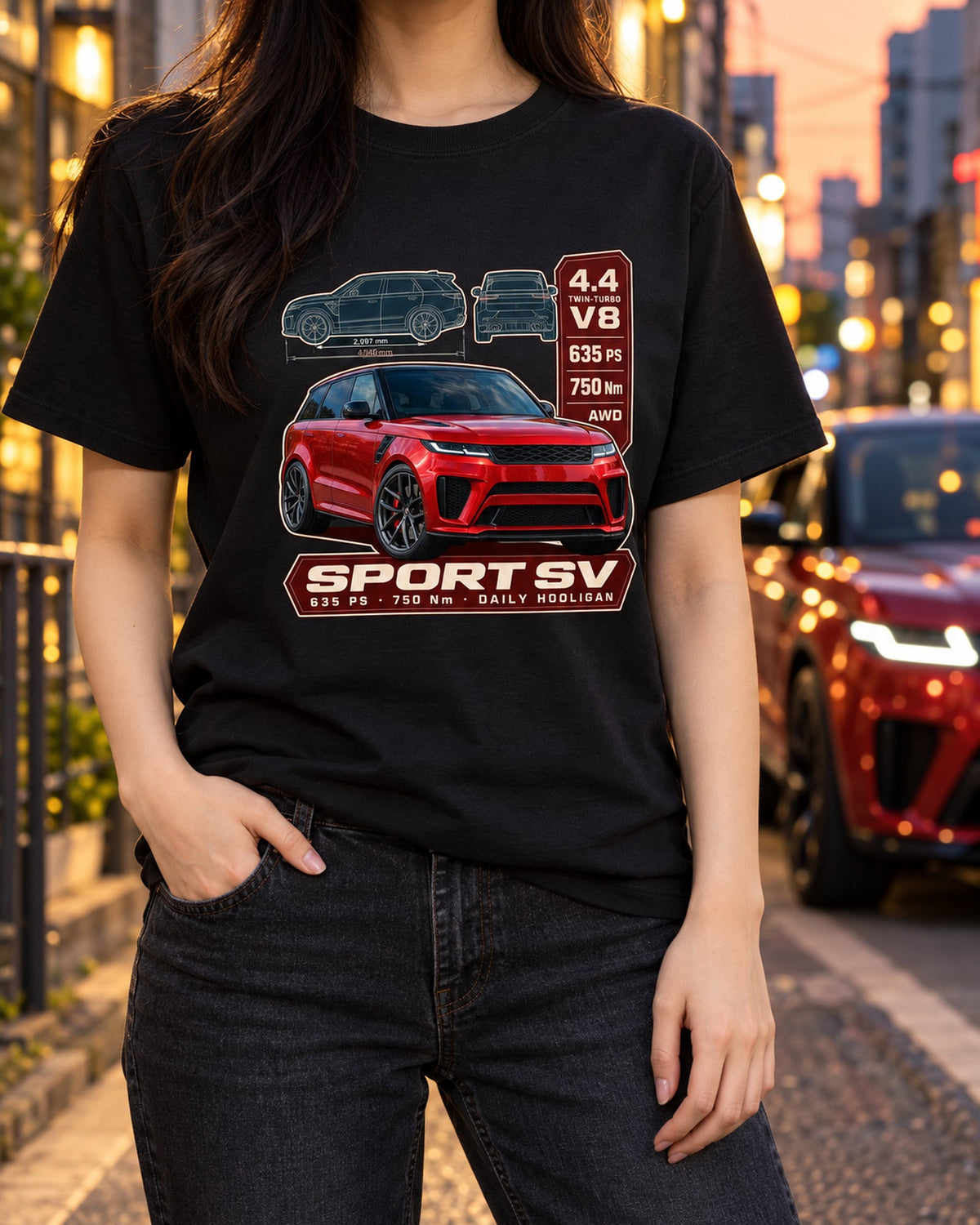 Range Rover Sport SV L461 Spec Poster Shirt, 635 PS Daily Driver T-Shirt Black worn hero