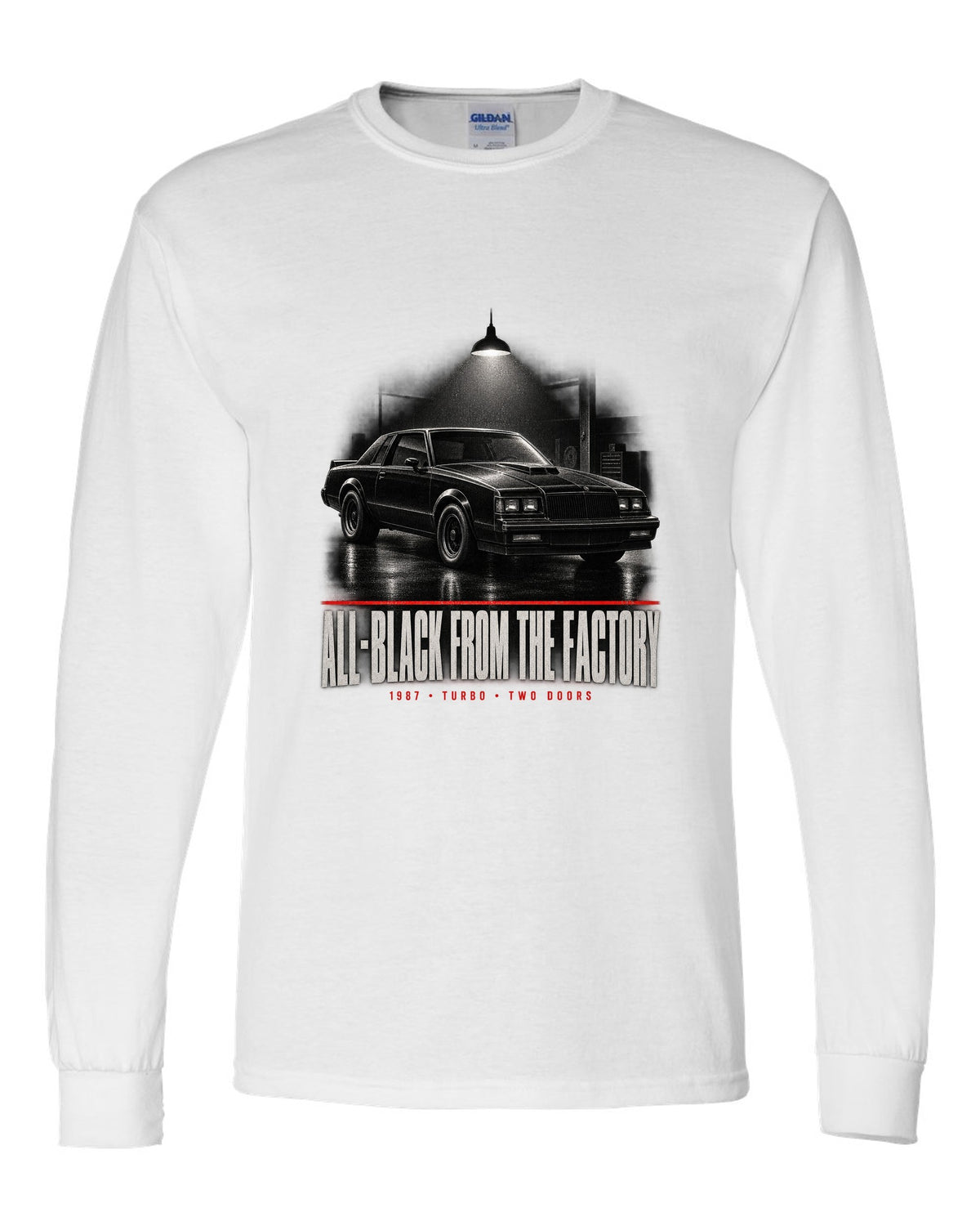 1987 Buick Grand National garage night scene print with all-black text white long sleeve front view with the design